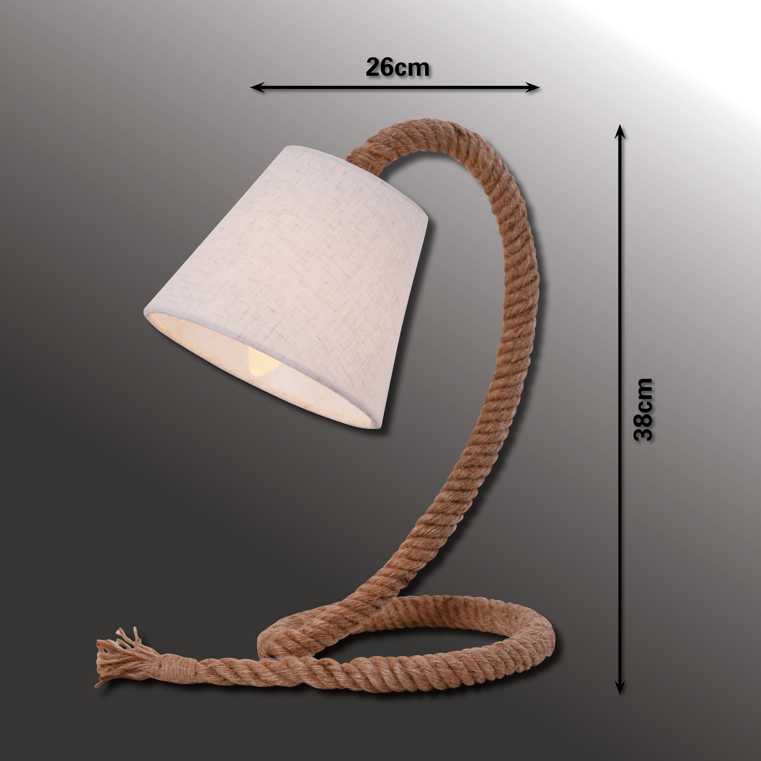 Eine Lampe im Seil-Stil mit weißem Schirm. Sie ist braun und hat die Maße 26 cm Breite und 38 cm Höhe.