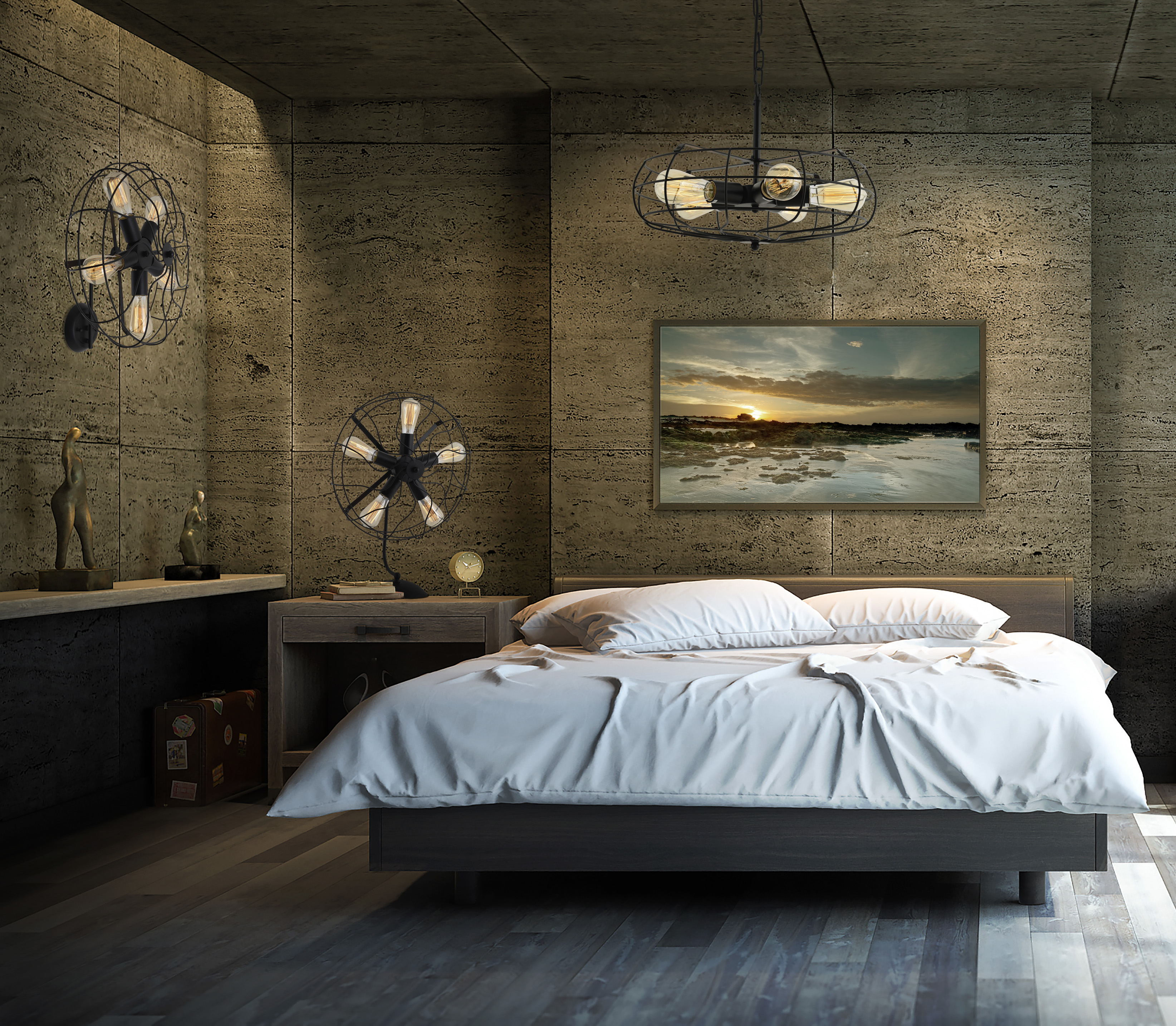 Schlafzimmer mit Industrielampen, Bett und Landschaftsbild.