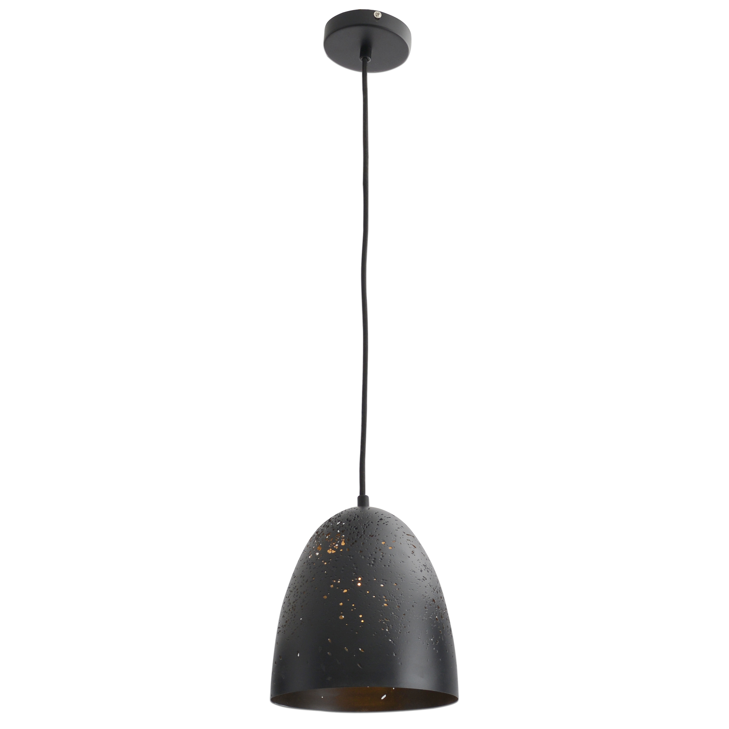 Schwarze Pendelleuchte mit strukturiertem Lampenschirm. Das Licht hängt an einem schwarzen Kabel.