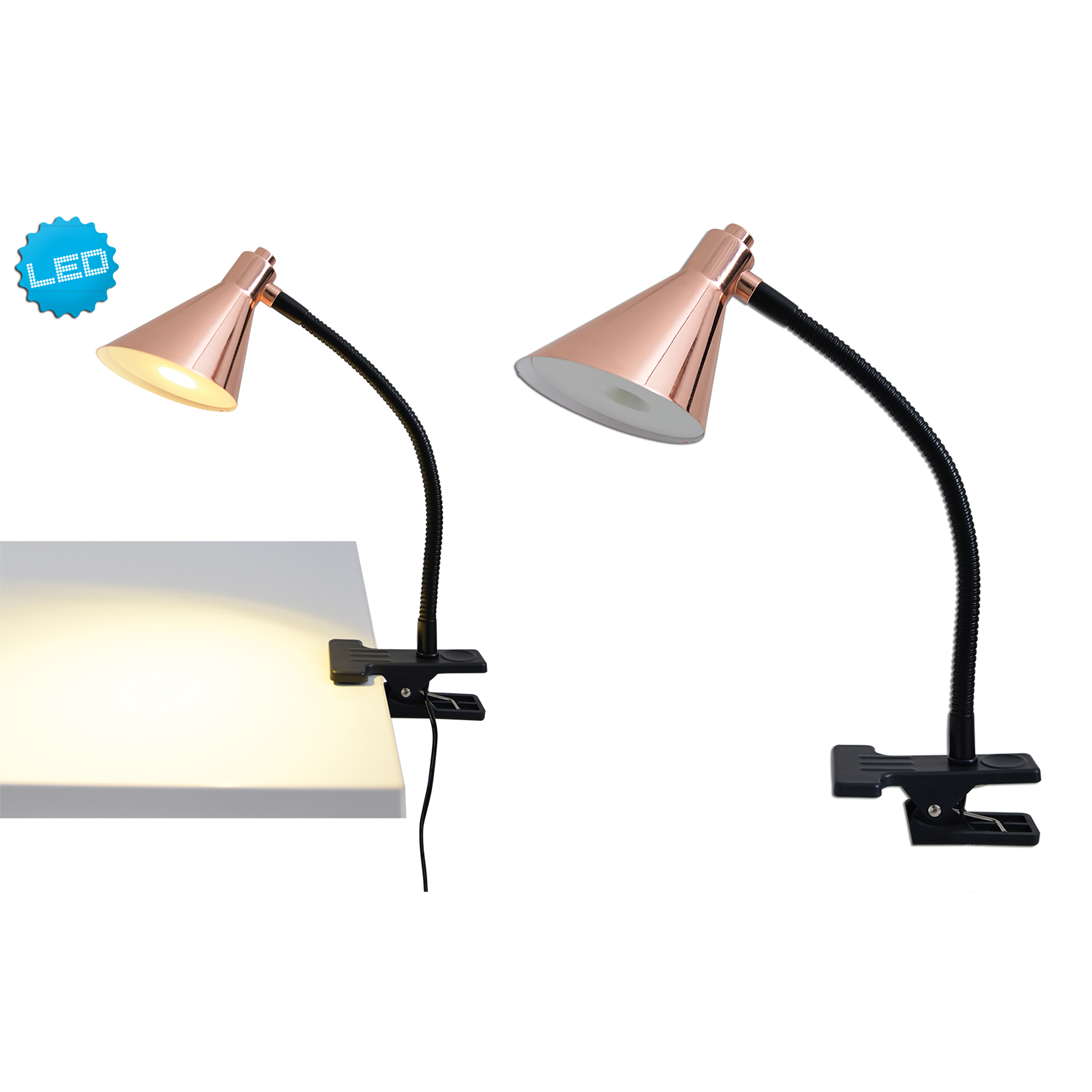 Zwei kupferfarbene Schreibtischlampen mit schwarzen flexiblen Armen und schwarzen Klammern, eine leuchtet.