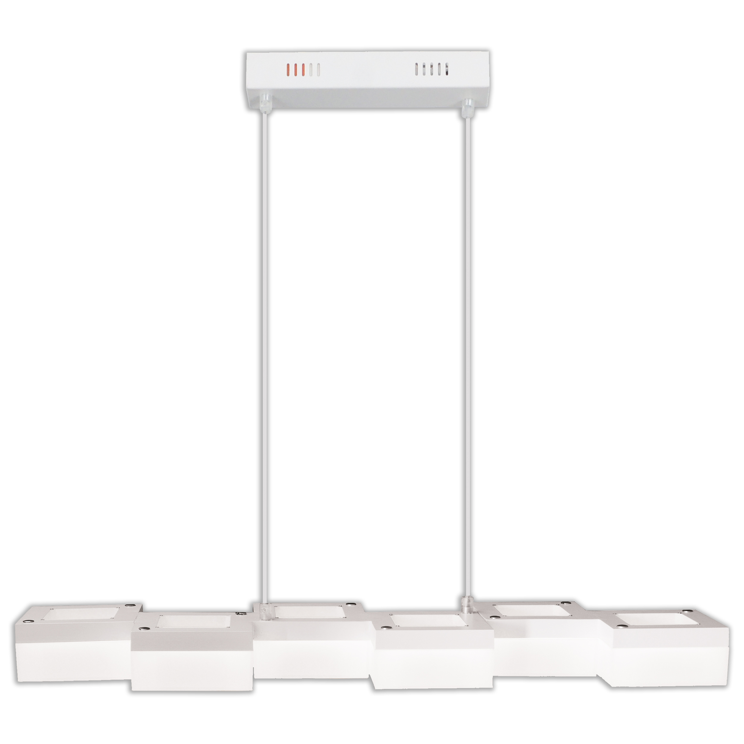 Weiße lineare Pendelleuchte, rechteckiges Design, von der Decke hängend, weiß.