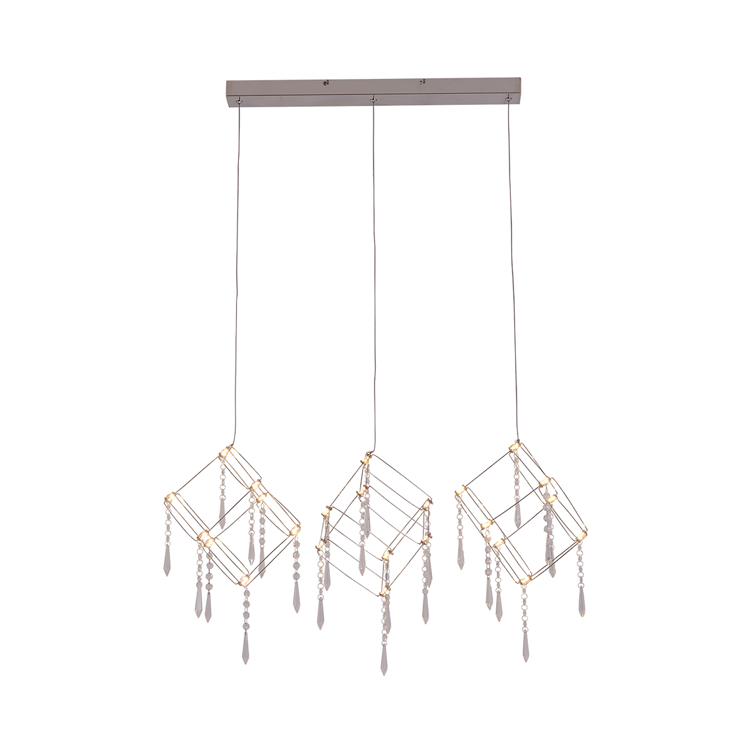 Drei Pendelleuchten mit kubischen Designs und hängenden Kristallornamenten, auf weißem Hintergrund.
