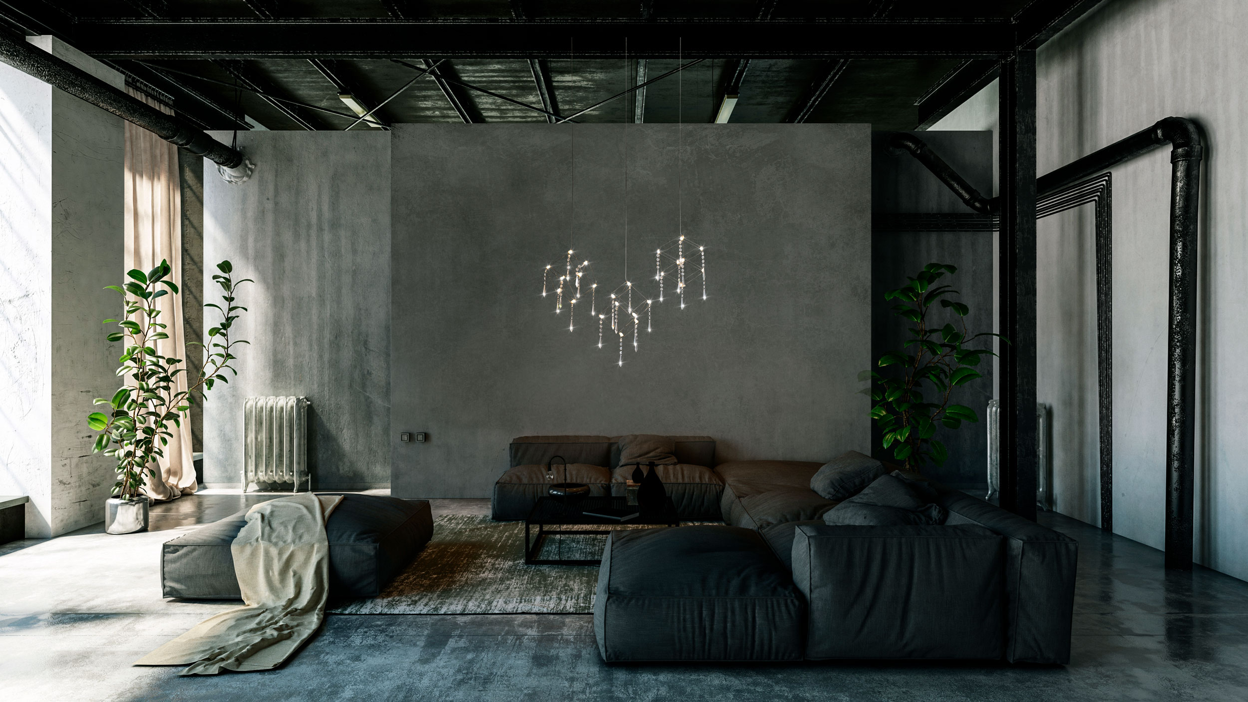 Modernes, industrielles Interieur mit Sofa, Pflanzen und einer Pendelleuchte.