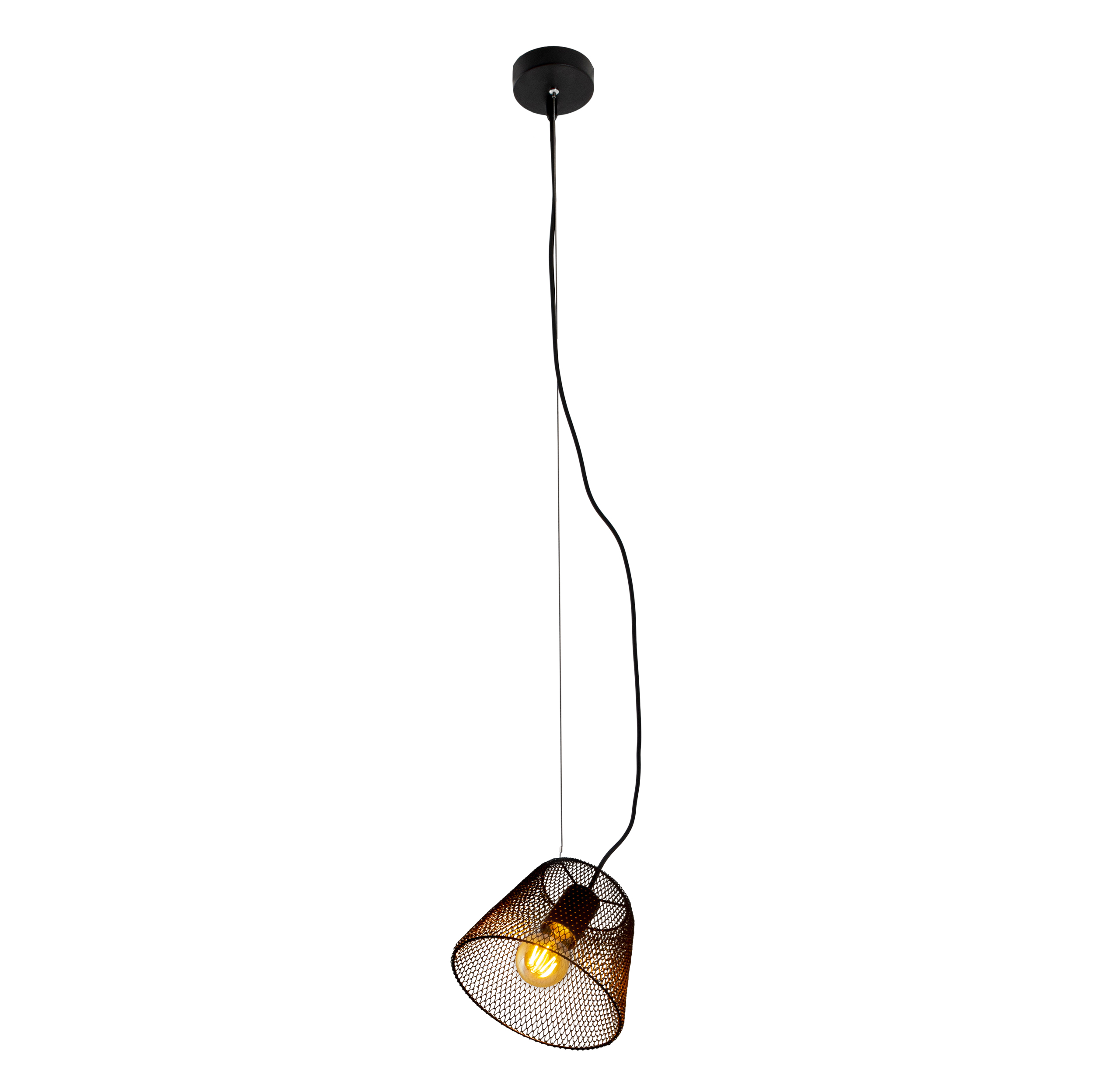 Eine schwarze Pendelleuchte mit einem Lampenschirm aus Metallgeflecht und einer sichtbaren Glühbirne.