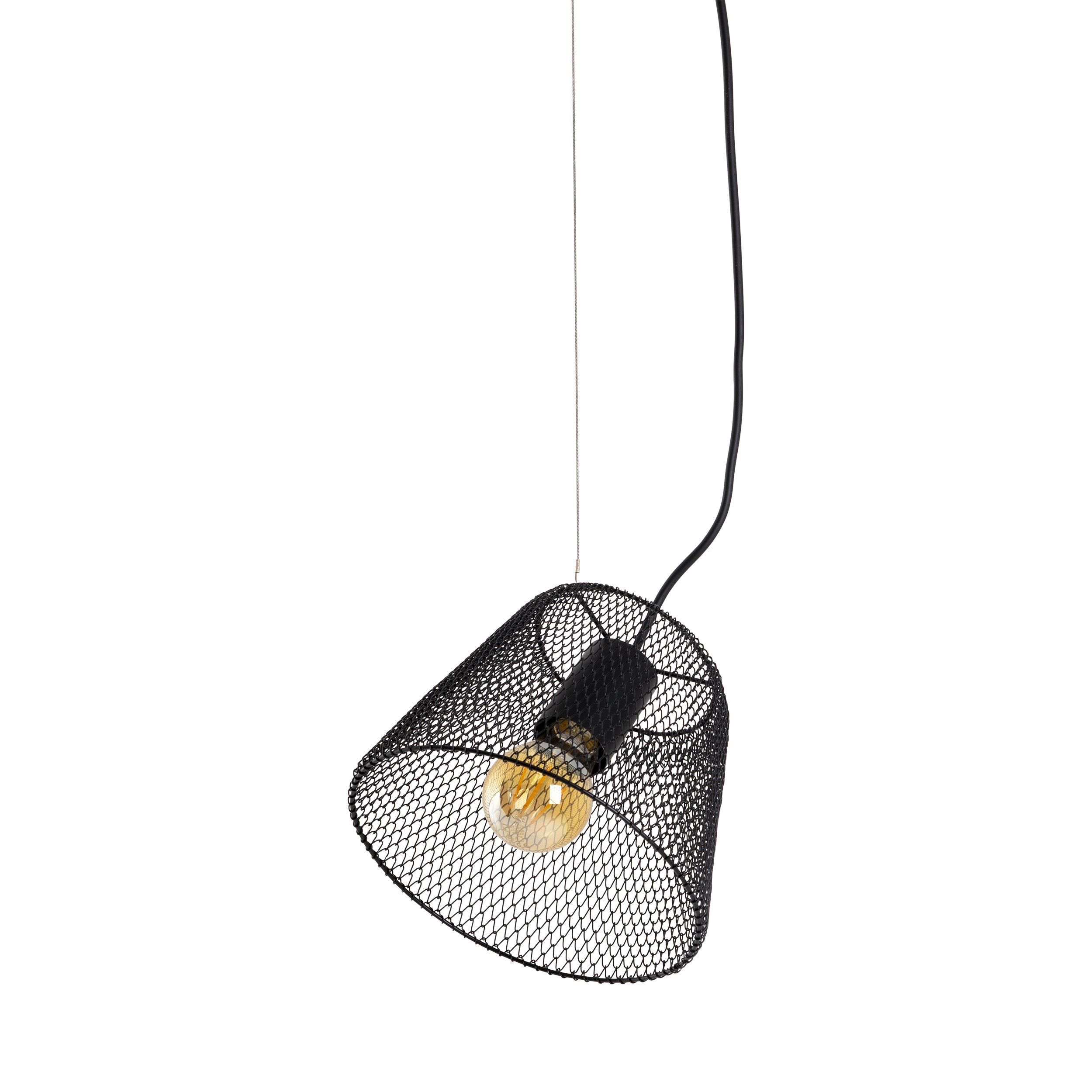 Schwarzer Lampenschirm aus Metallgeflecht mit einer Edison-Glühbirne. Die Lampe hängt.