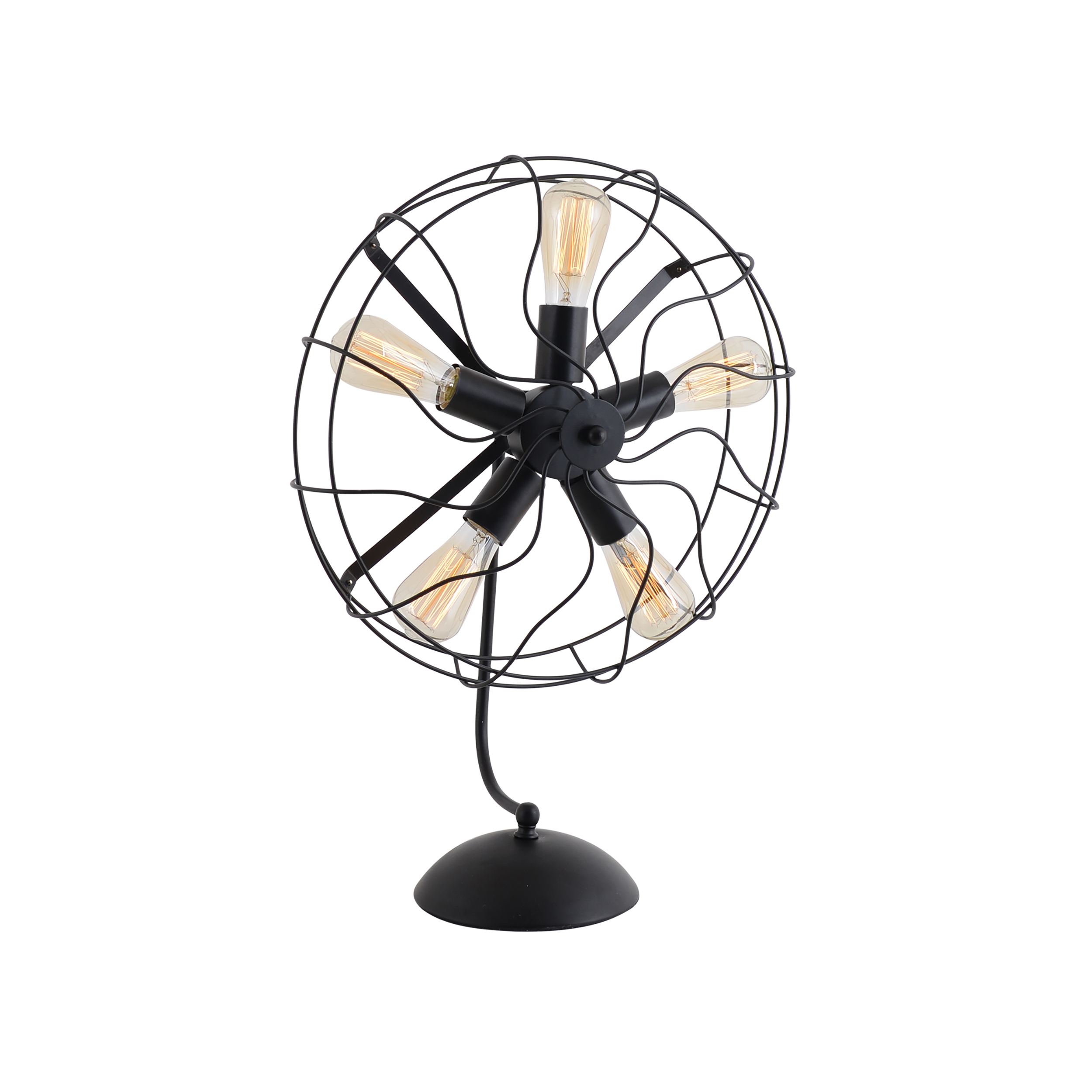 Schwarze industrielle fächerförmige Lampe mit fünf freiliegenden Glühbirnen.