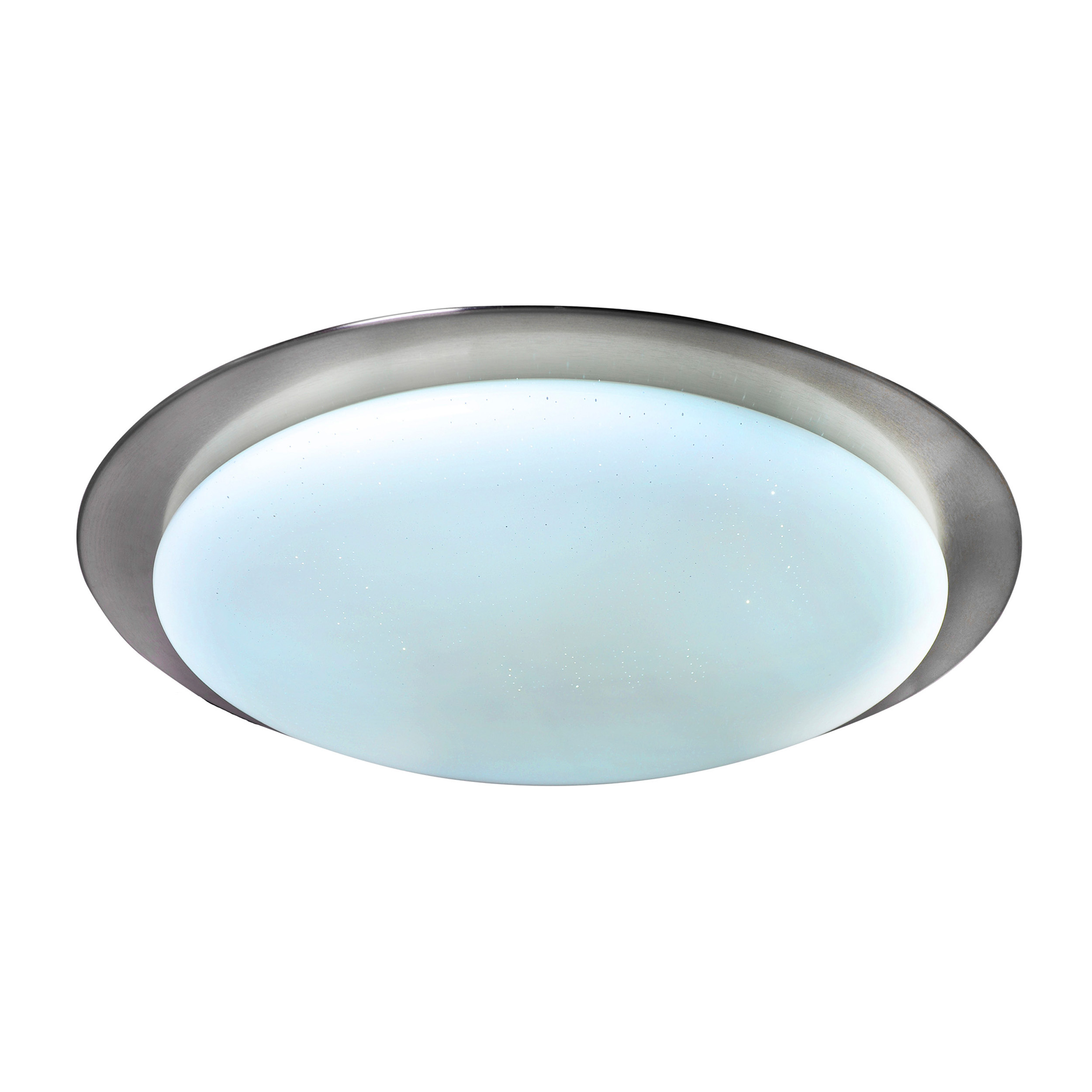 Silberne, runde Deckenleuchte mit Milchglas und Metallblende, weißer Hintergrund.