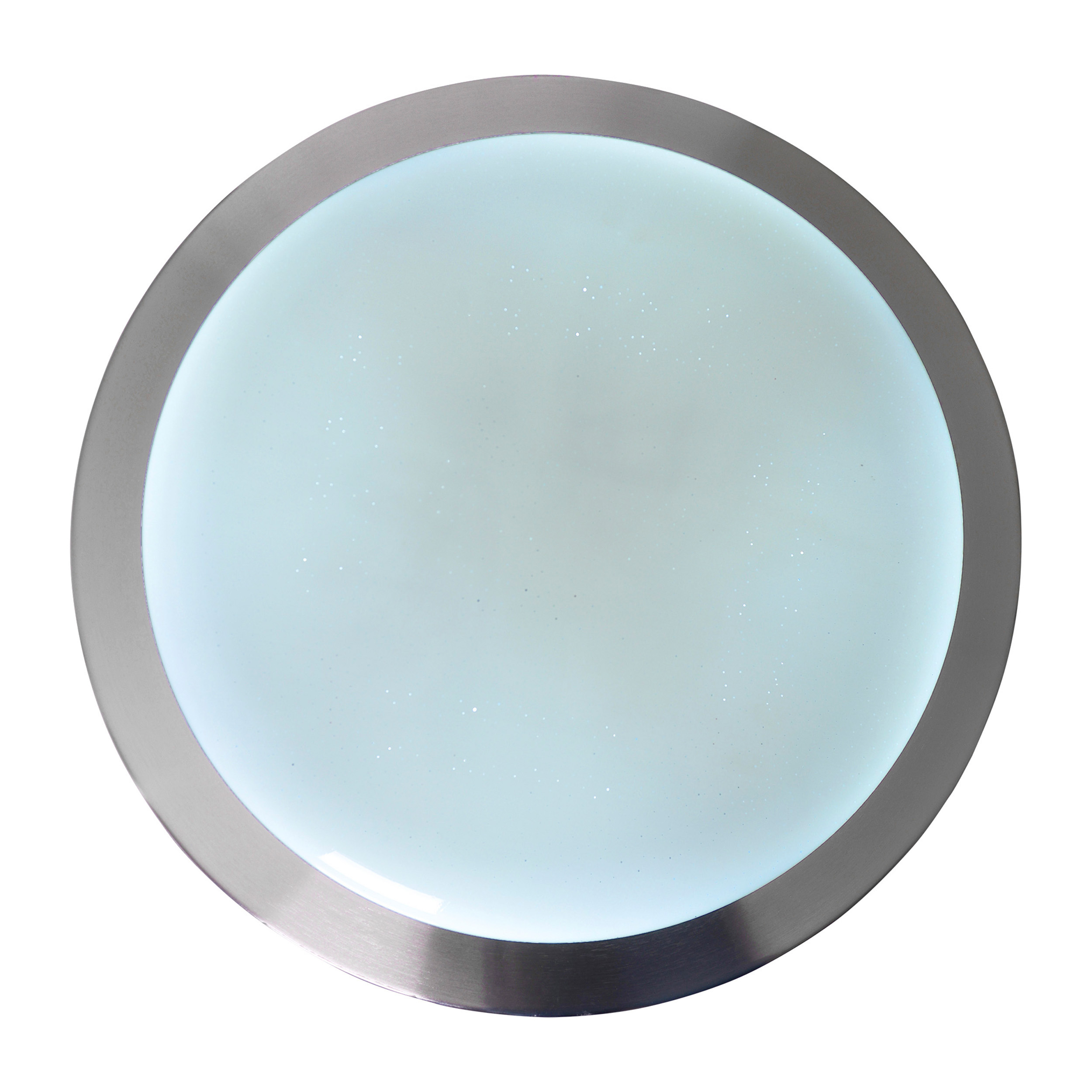 Runde LED-Deckenleuchte mit silbernem Rahmen. Das Licht ist weiß mit einem bläulichen Farbton.