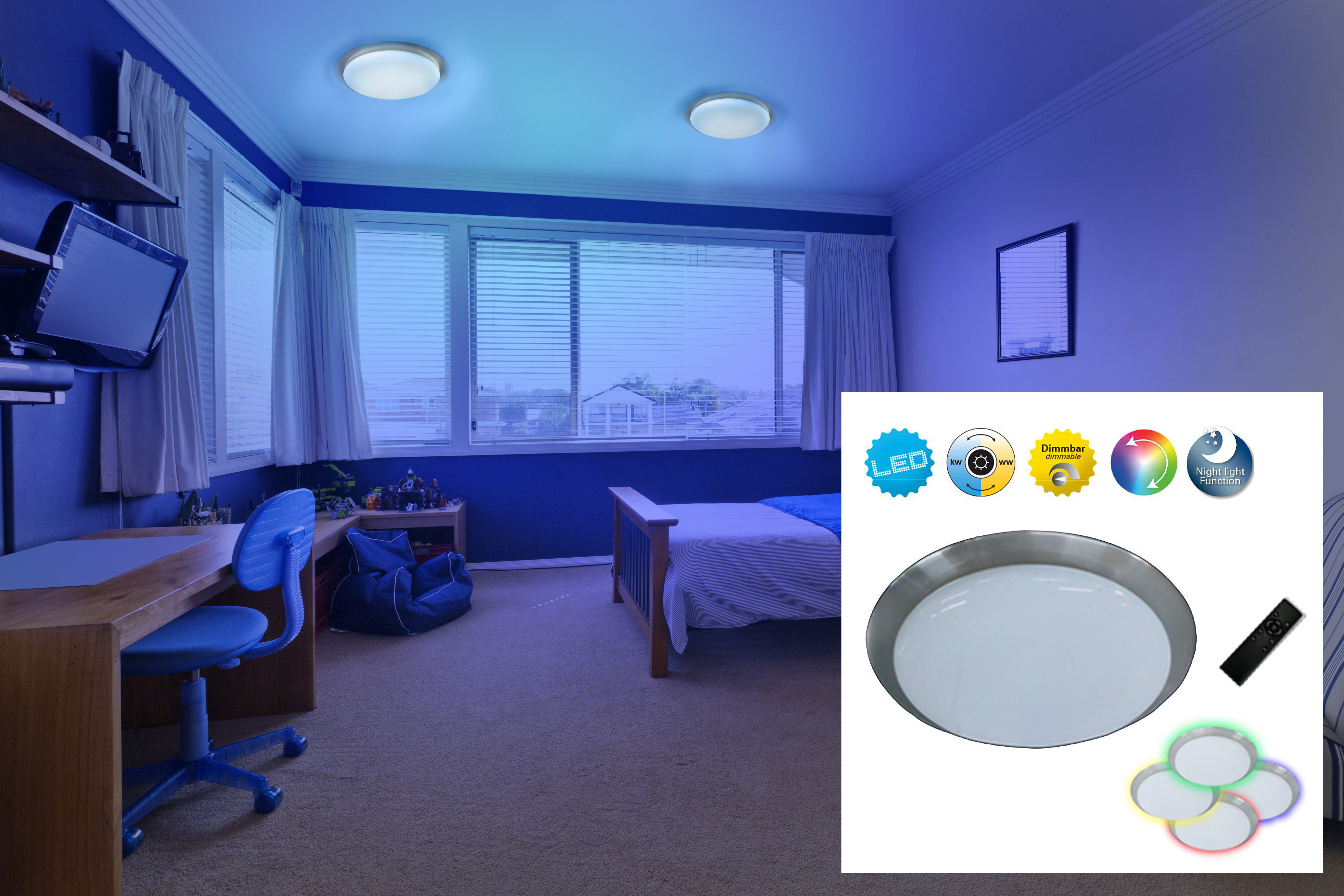 Ein Schlafzimmer mit zwei Deckenleuchten, einer blauen Wand und einem Bett. Es gibt auch Symbole für die Lichtfunktionen.