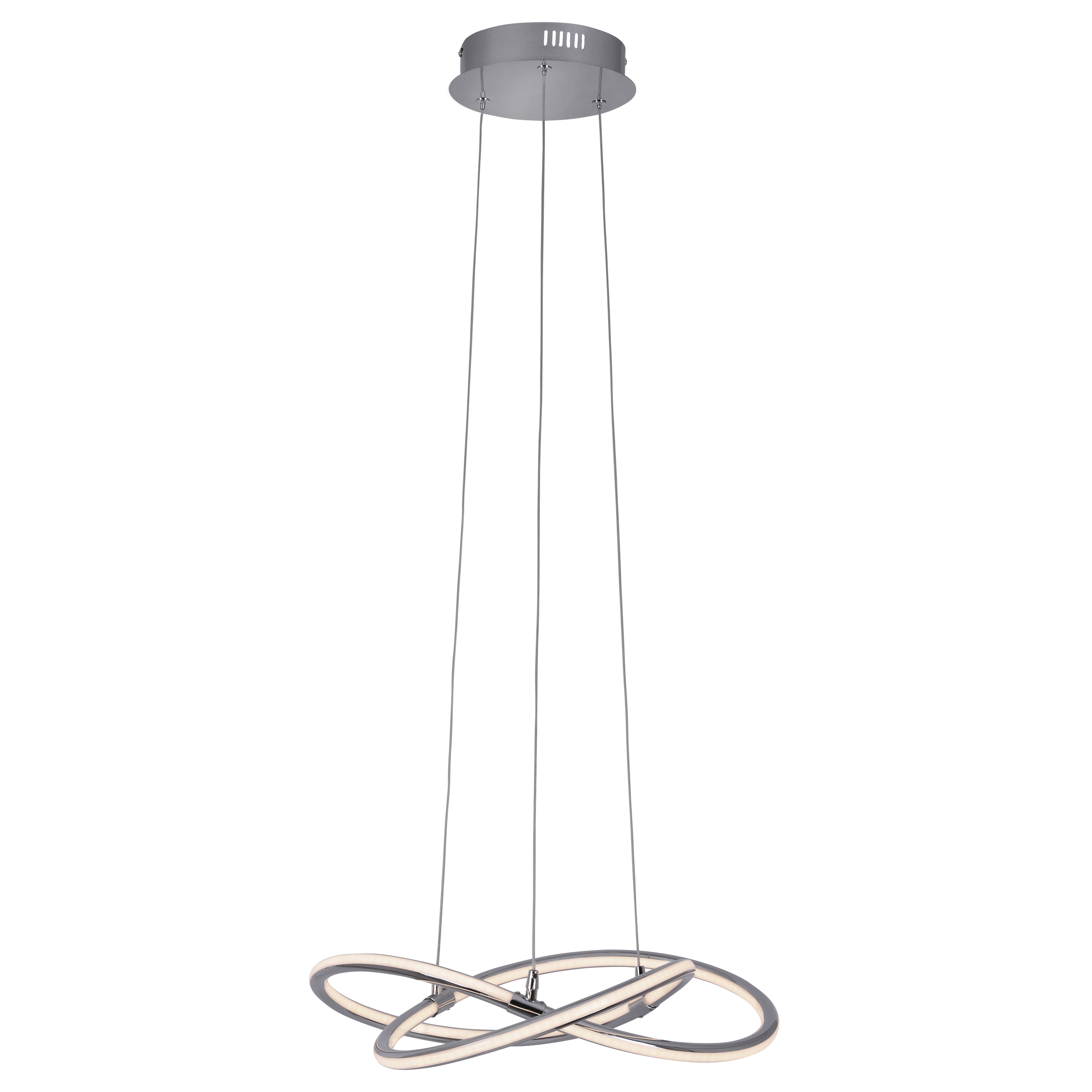 Eine moderne silberne Pendelleuchte. Es hat drei Hängekabel und ein Doppelring-Design mit LEDs.