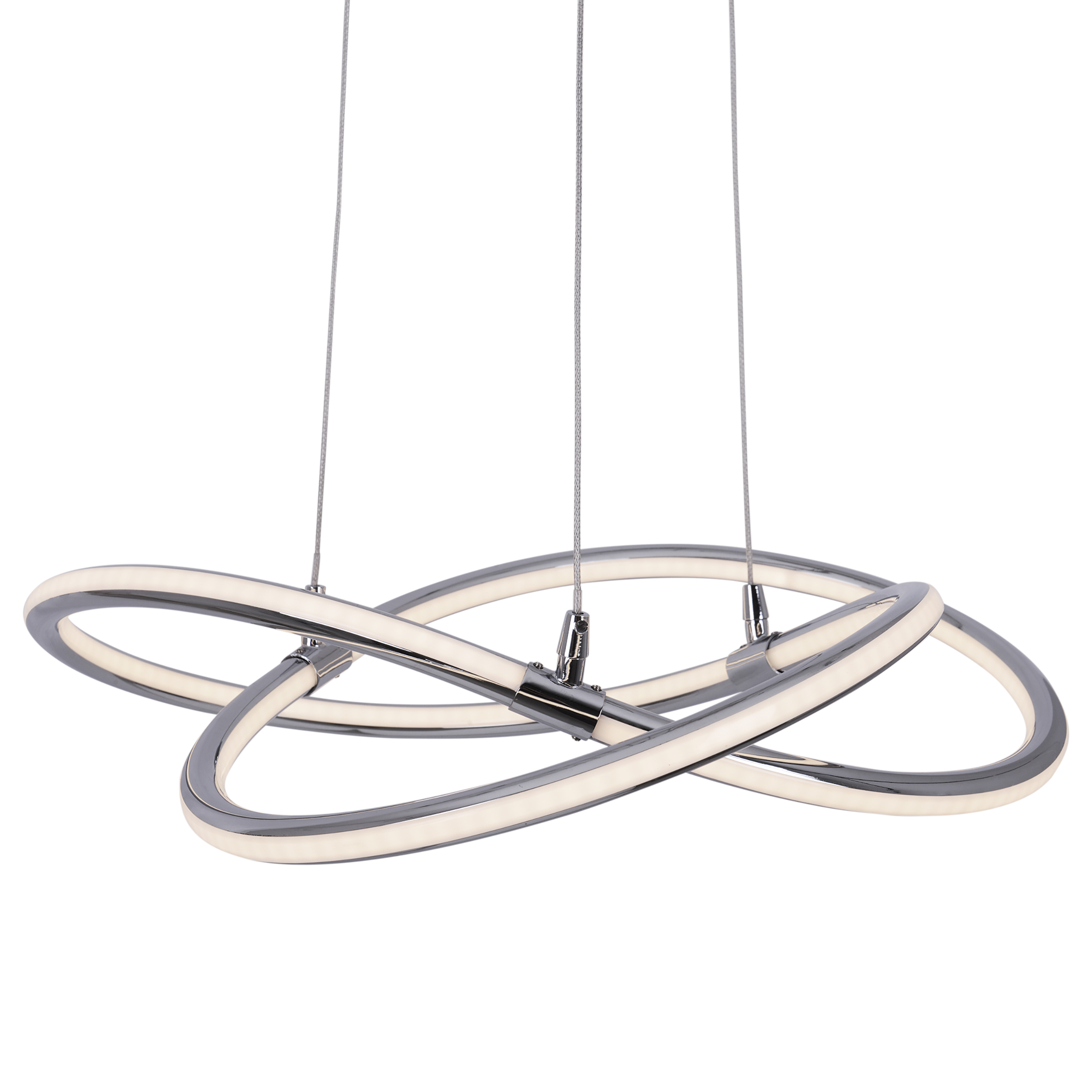 Moderne Pendelleuchte mit drei miteinander verbundenen, beleuchteten Metallringen, vor weißem Hintergrund.