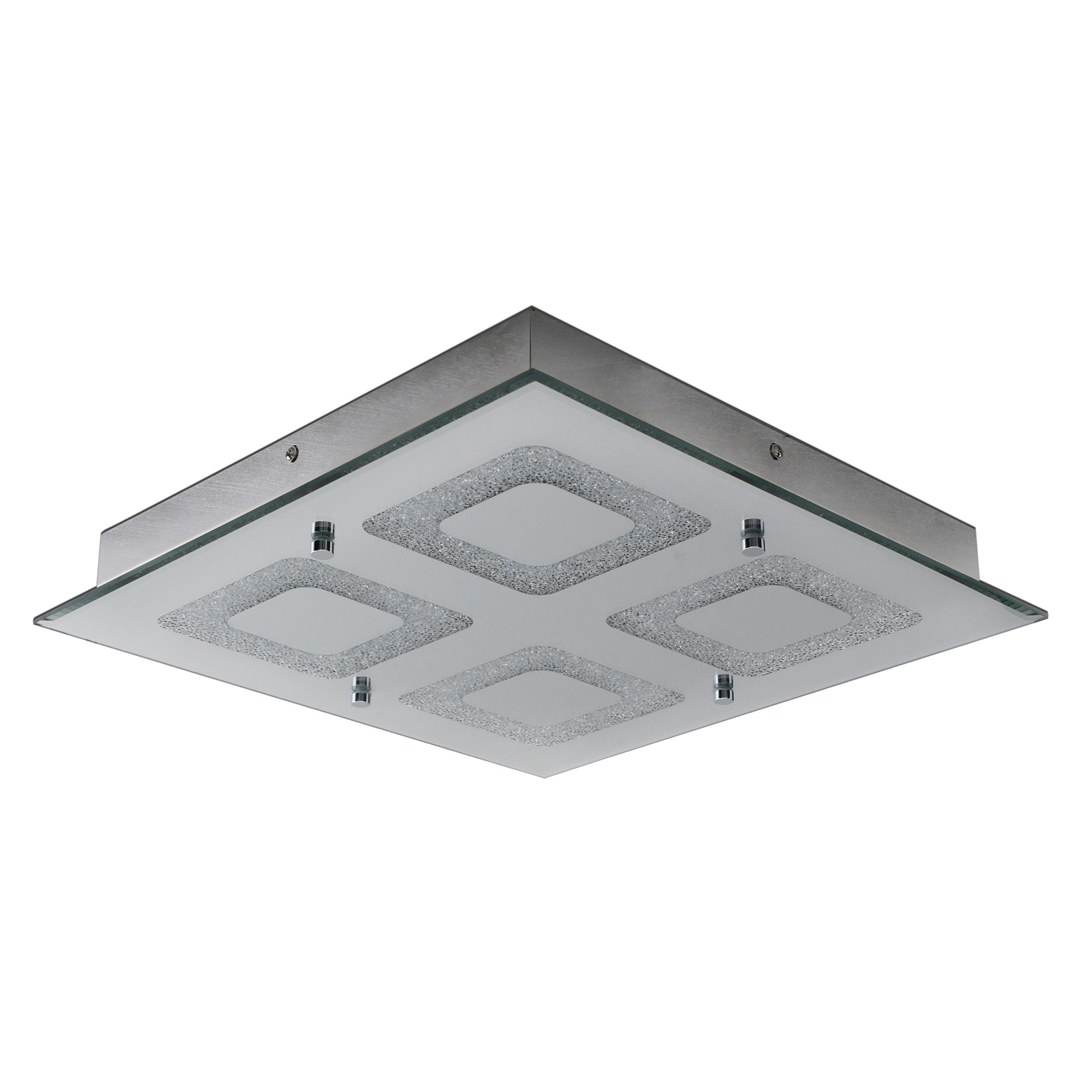 Eine quadratische Deckenleuchte aus Glas mit rautenförmigen Designs.