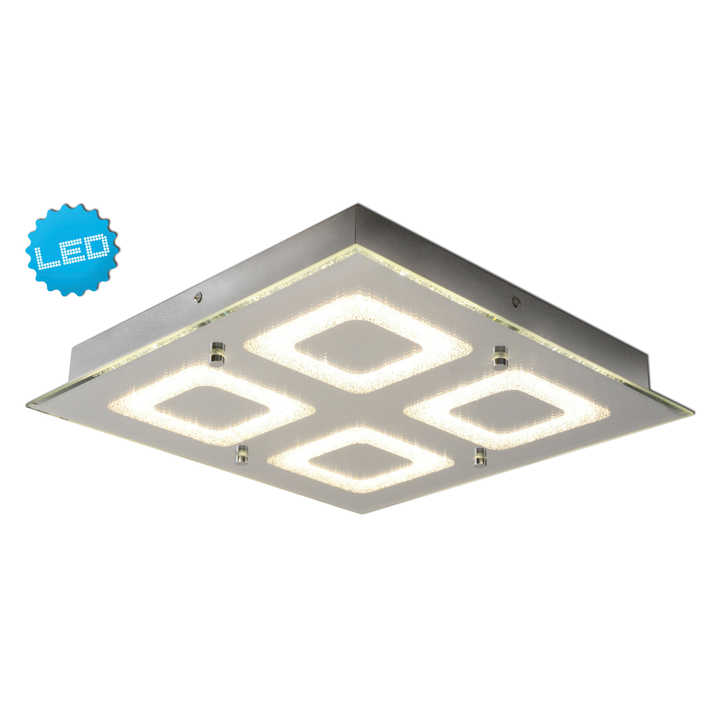 Deckenleuchte mit vier quadratischen LED-Lichtfeldern, mit blauem LED-Aufkleber.