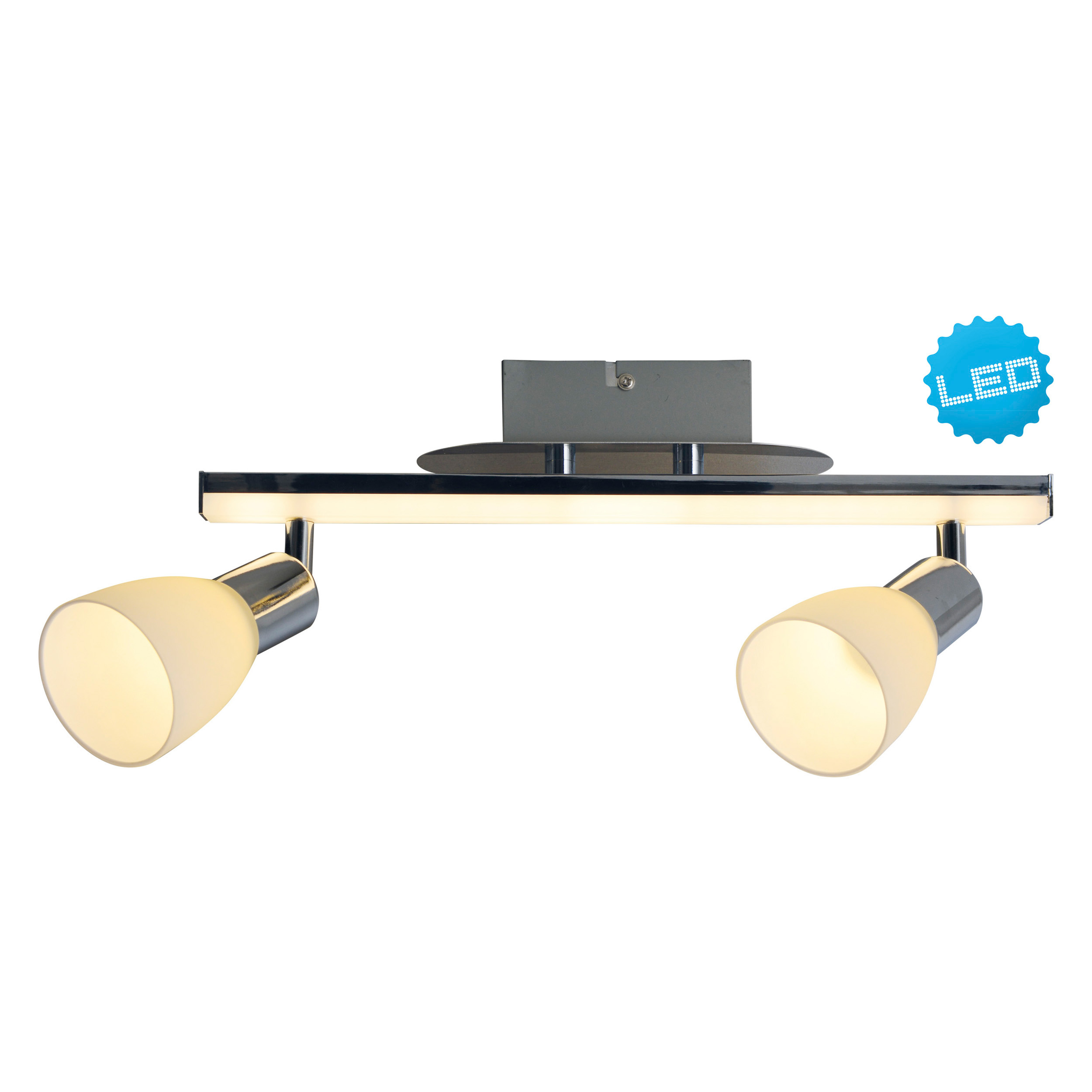 Silberne LED-Spot-Leuchte mit zwei verstellbaren Lichtern und einem blauen LED-Aufkleber.