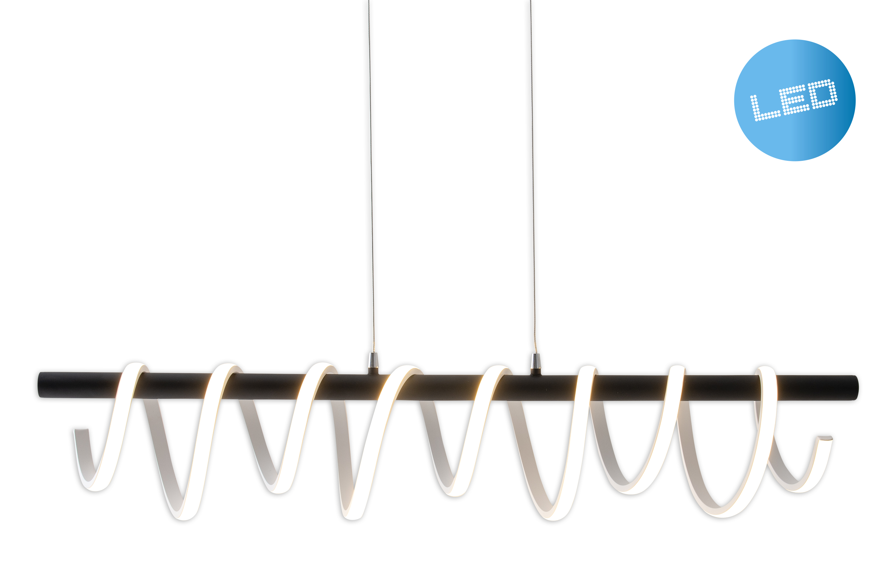 Moderne LED-Leuchte mit weißem Spiraldesign und schwarzem Rahmen auf Weiß.