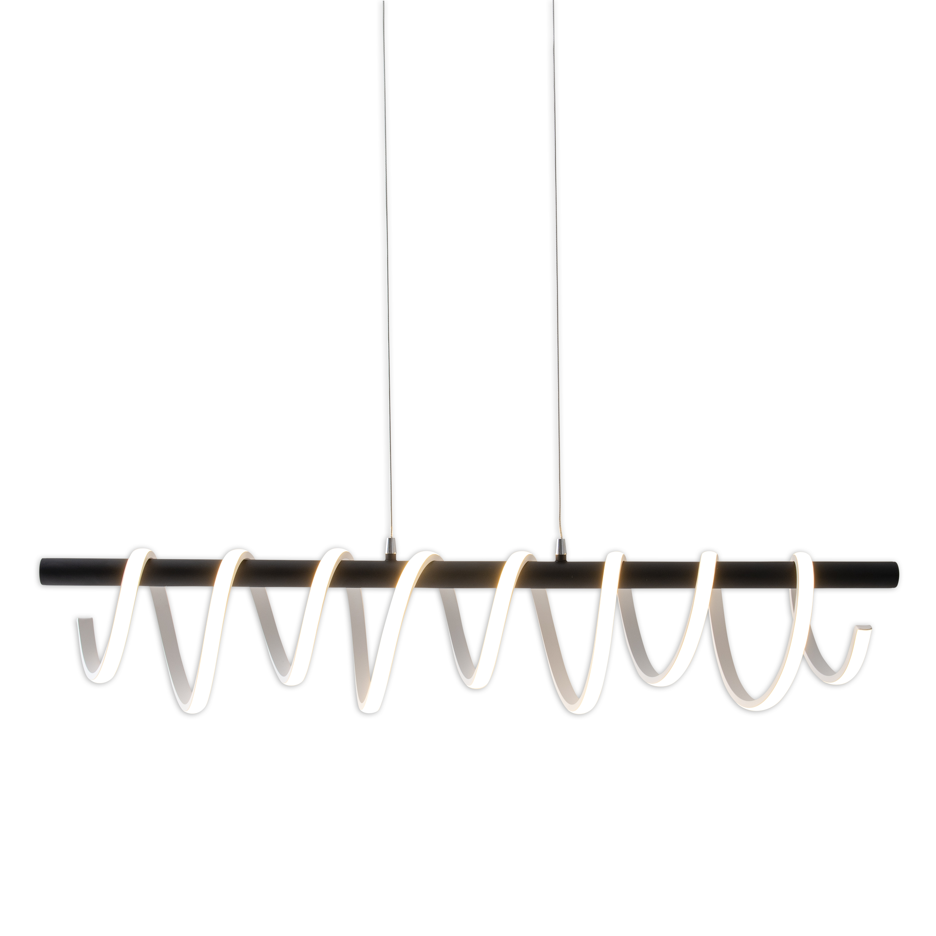 Schwarz-weiße Pendelleuchte mit Spiraldesign, von der Decke hängend.