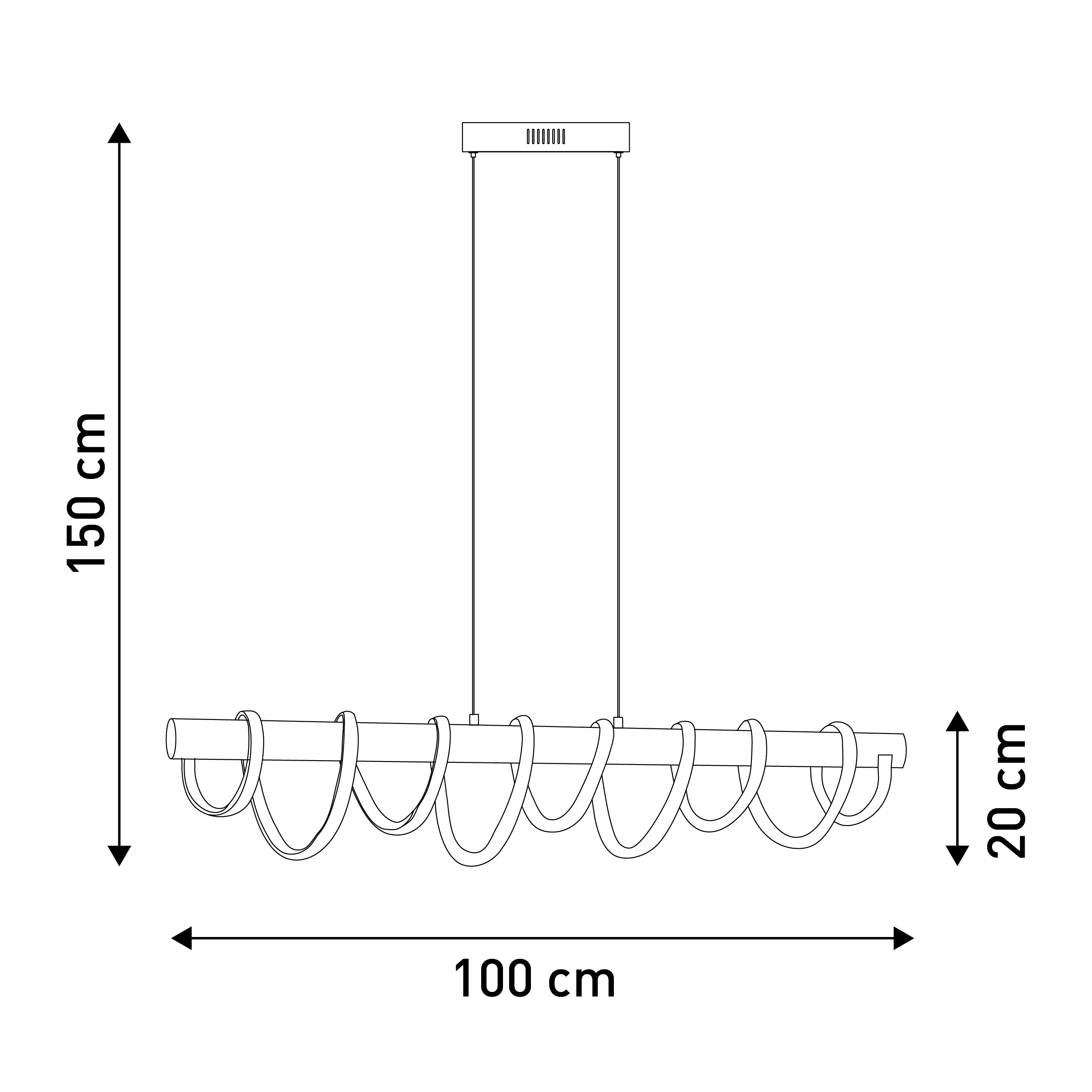 Eine lineare Pendelleuchte mit Metallringen und Abmessungen: 100 cm breit, 150 cm hoch, 20 cm dick.