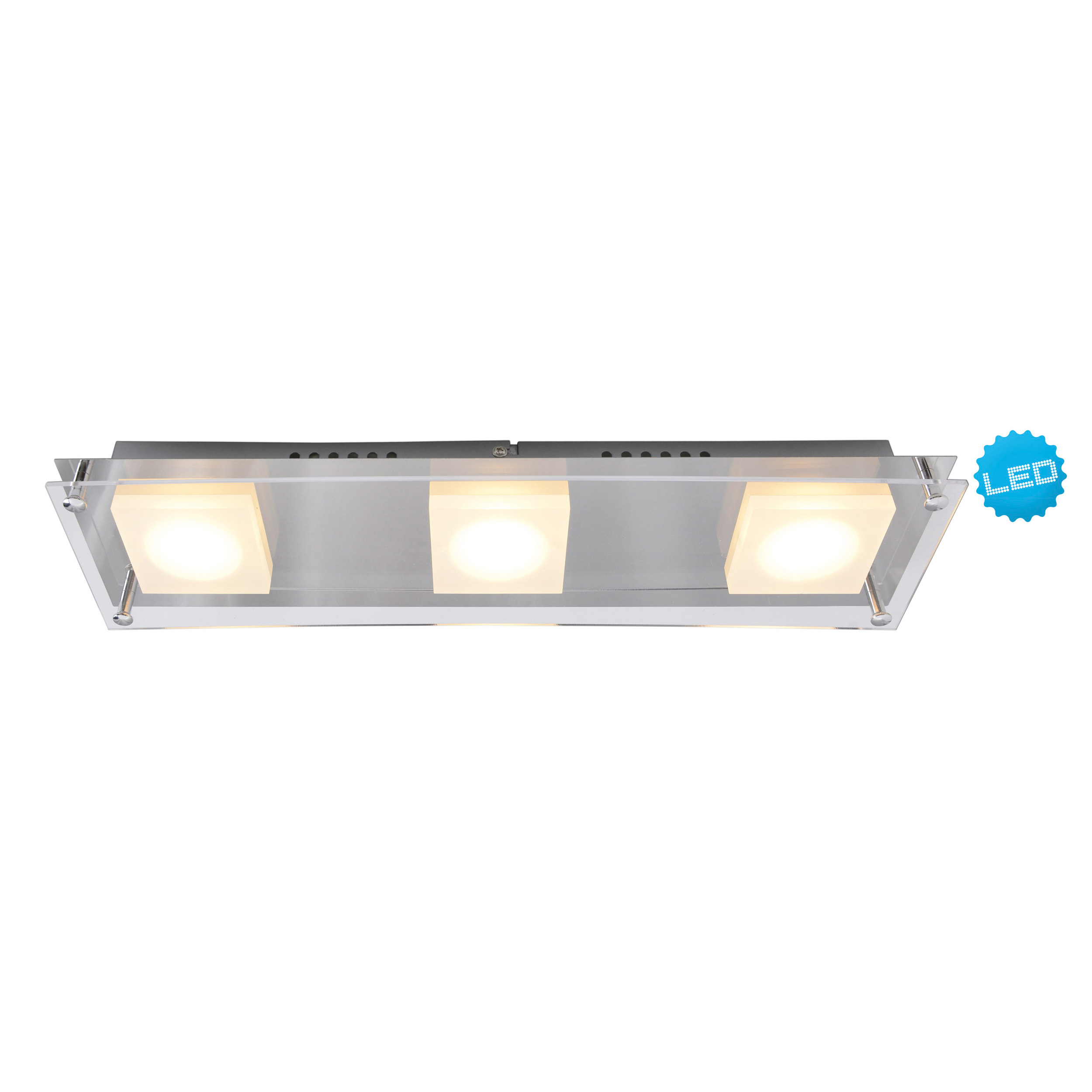 Rechteckige LED-Leuchte mit drei beleuchteten Quadraten.