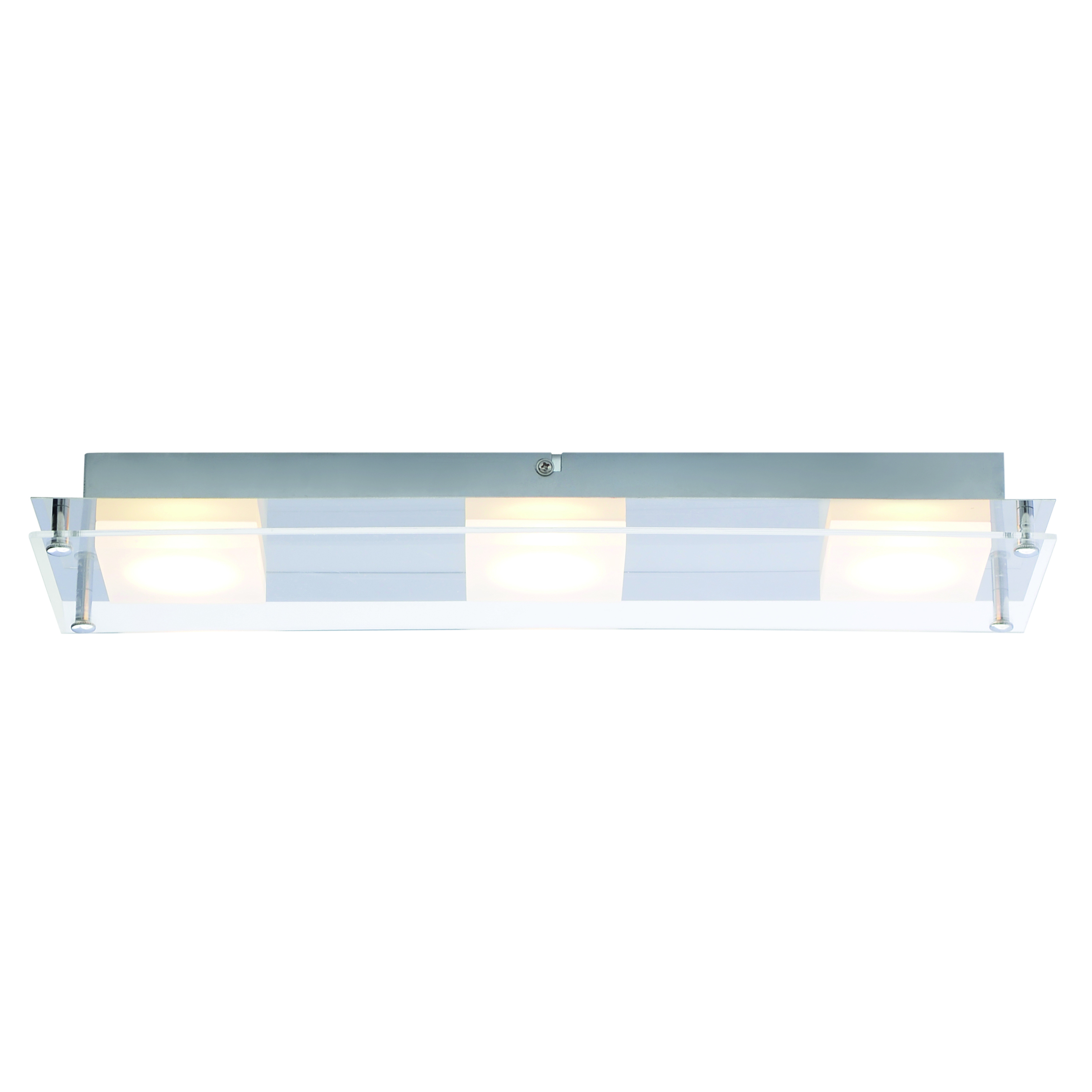 Eine rechteckige Deckenleuchte mit drei Lichtern. Die Leuchte ist silberfarben mit klarem Glas.