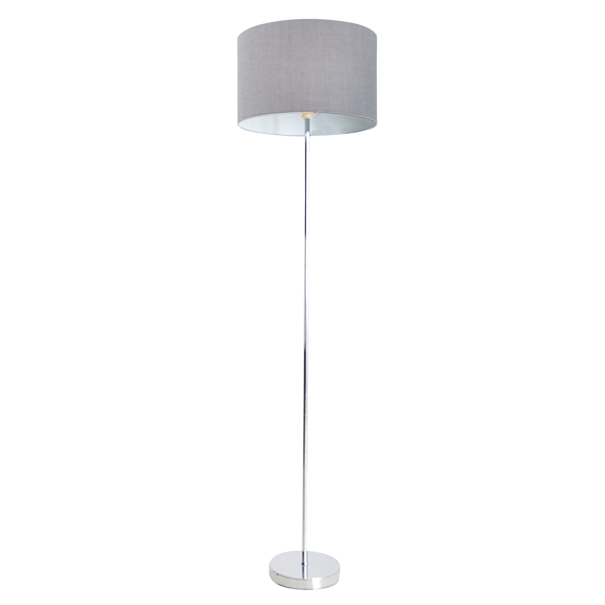 Graue Stehlampe mit zylindrischem Lampenschirm. Die Lampe hat einen silbernen Mast und Sockel.