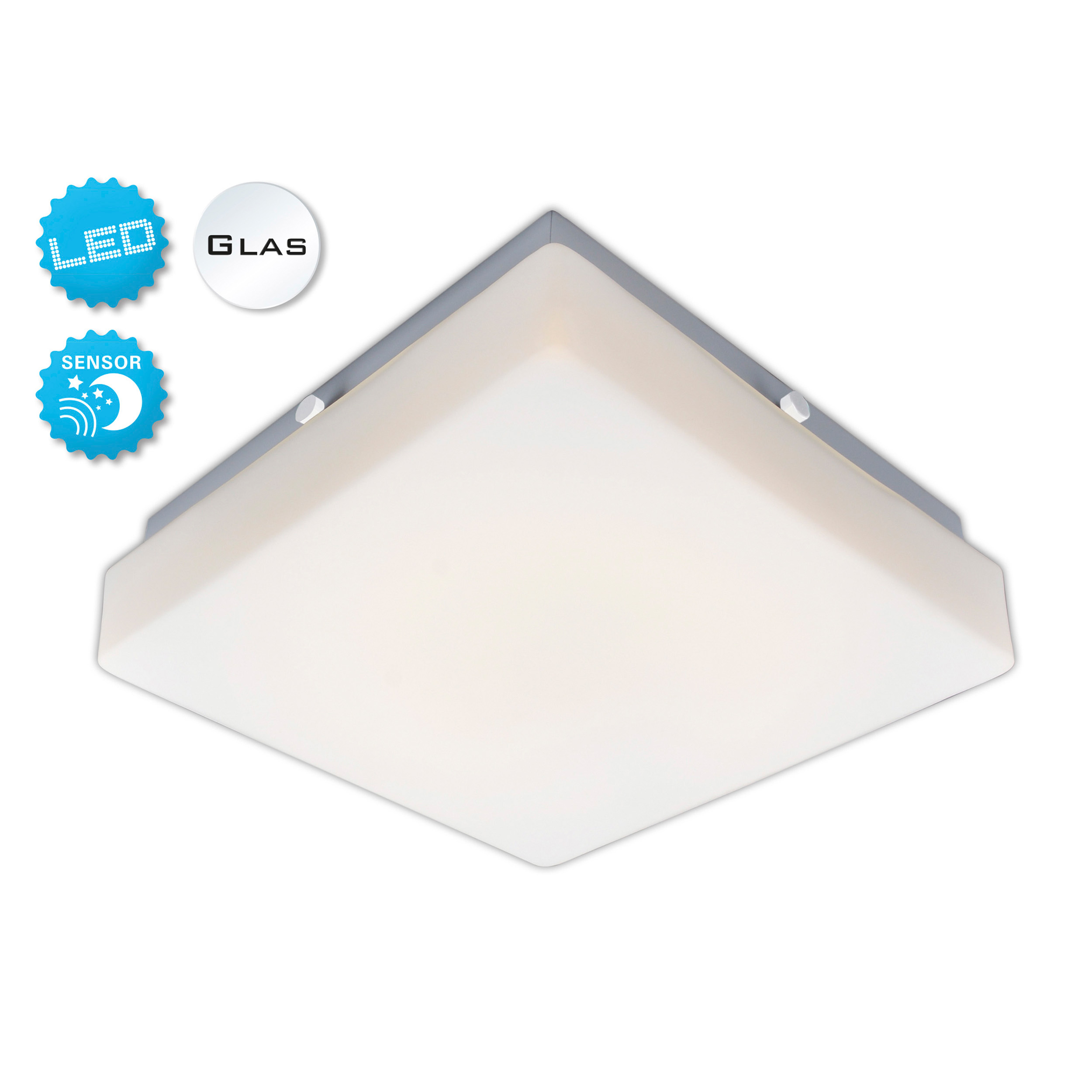 Quadratische LED-Deckenleuchte mit weißer Oberfläche und silbernem Rahmen, weißer Hintergrund.