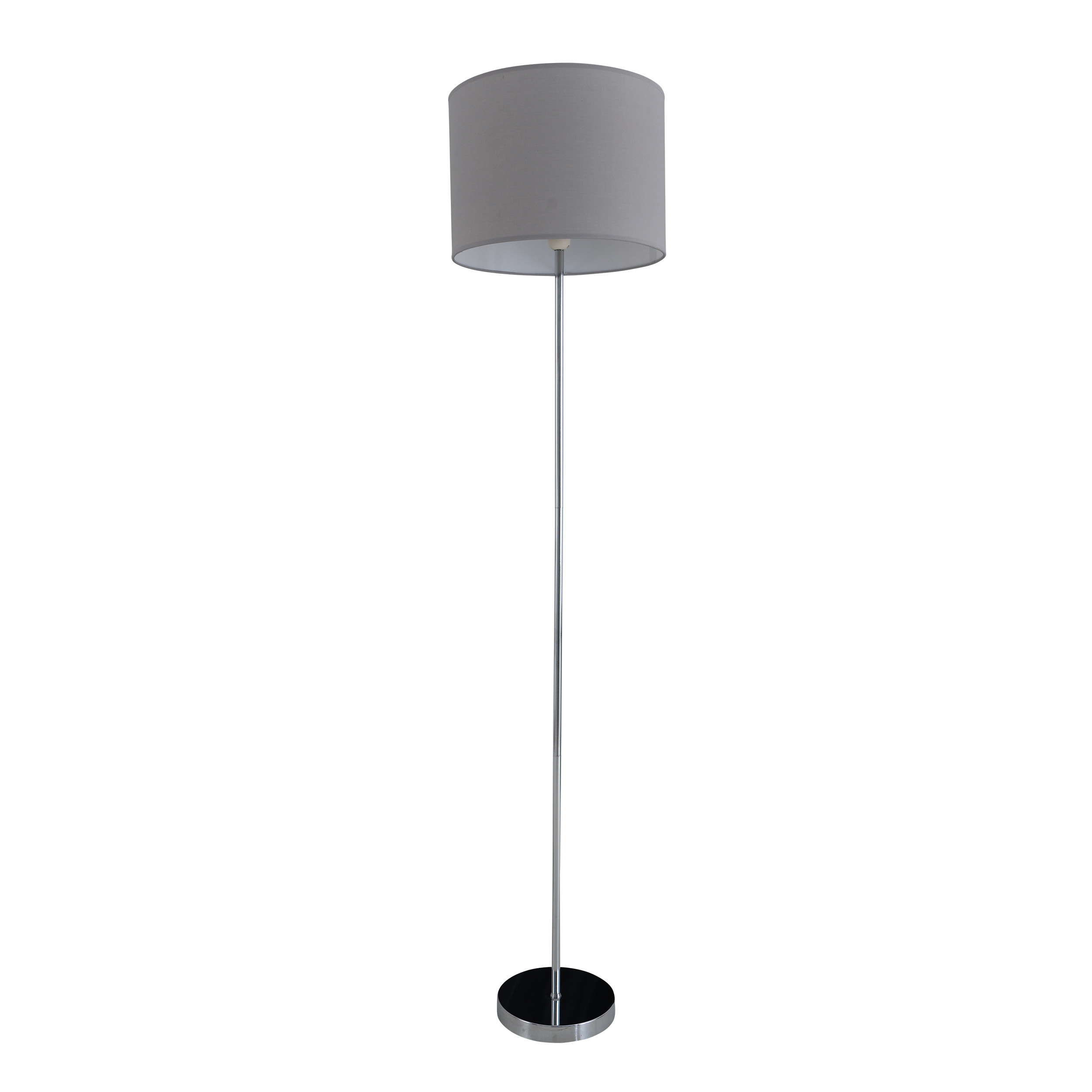 Stehlampe mit grauem Lampenschirm, hoher Silberstange und schwarzem kreisförmigen Fuß.