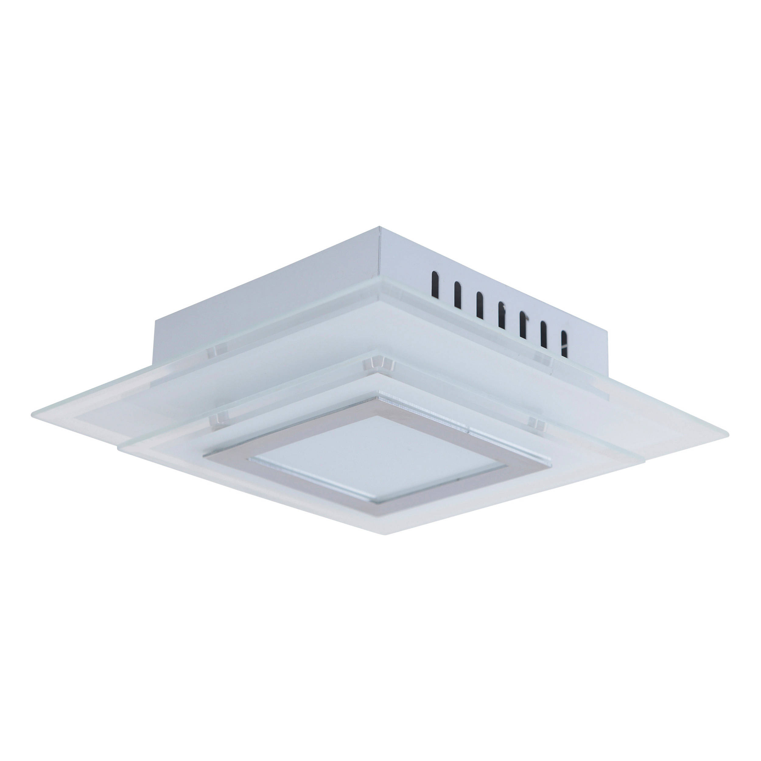 Eine quadratische, weiße Deckenlampe mit einem Design aus Milchglas.