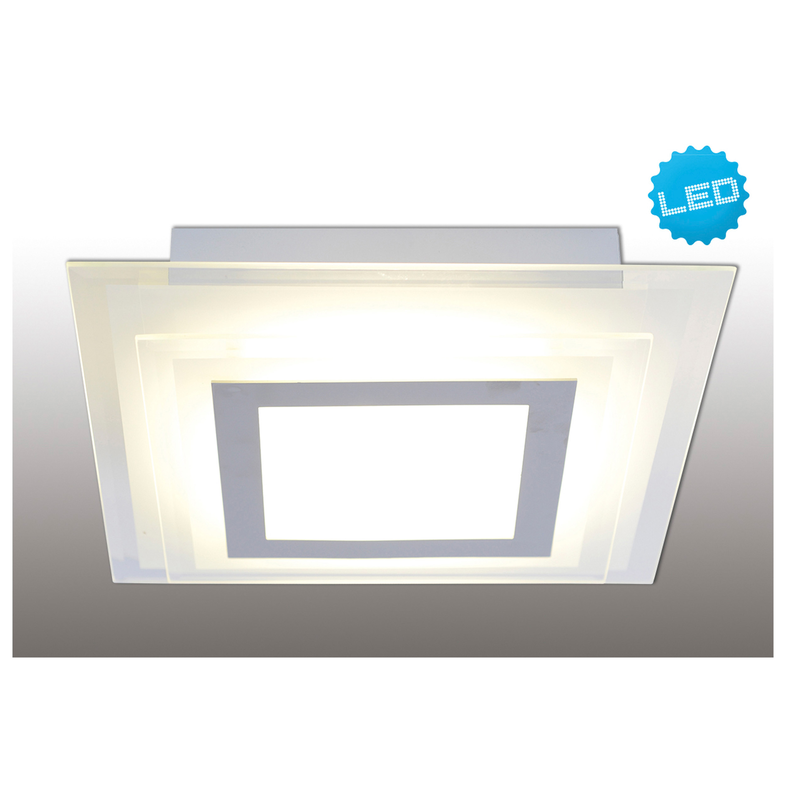 Weiße quadratische Einbau-Deckenleuchte. Das Licht ist hell. Ein blaues LED-Abzeichen befindet sich oben rechts.