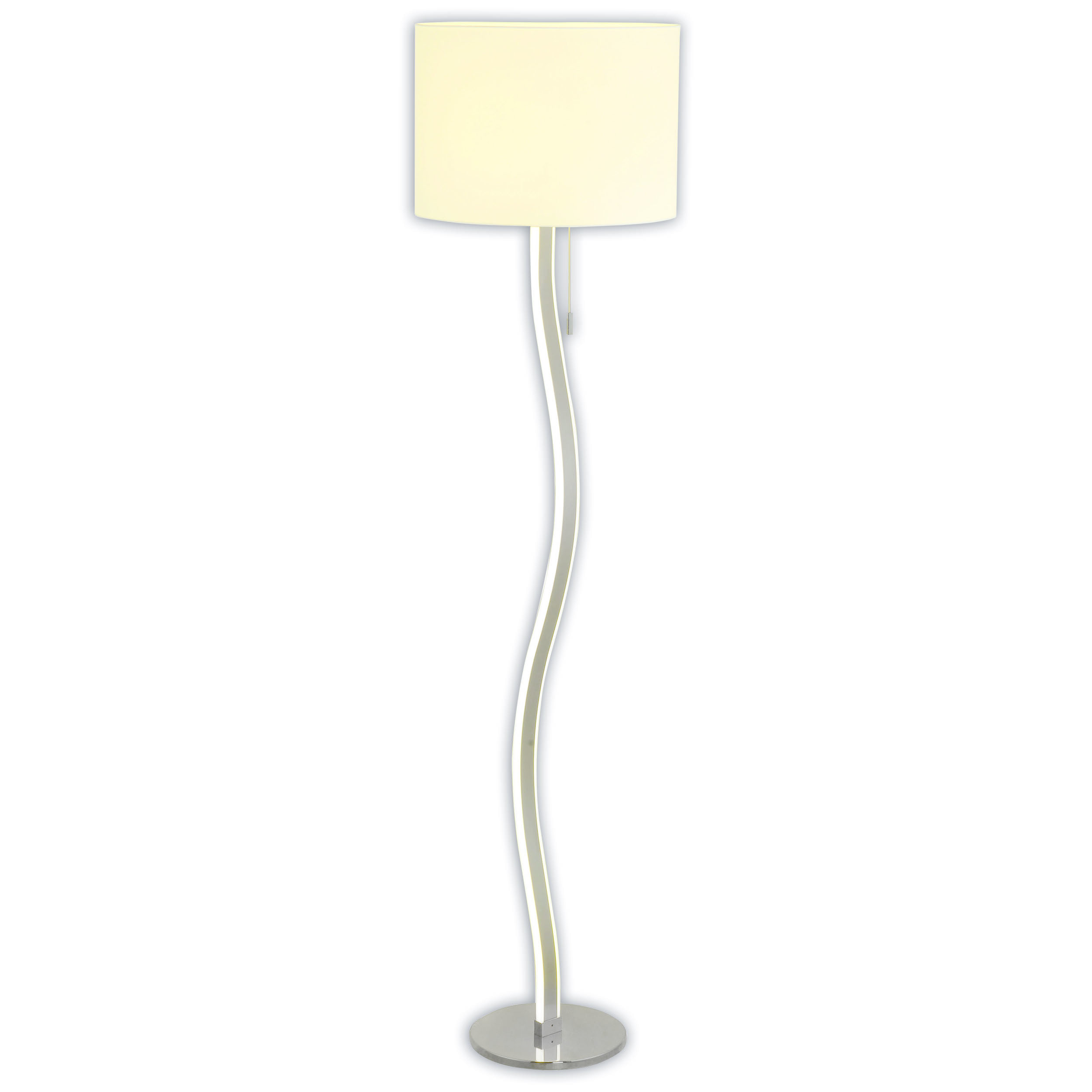 Moderne Stehlampe. Gebogener silberner Pfosten mit weißem Lampenschirm.