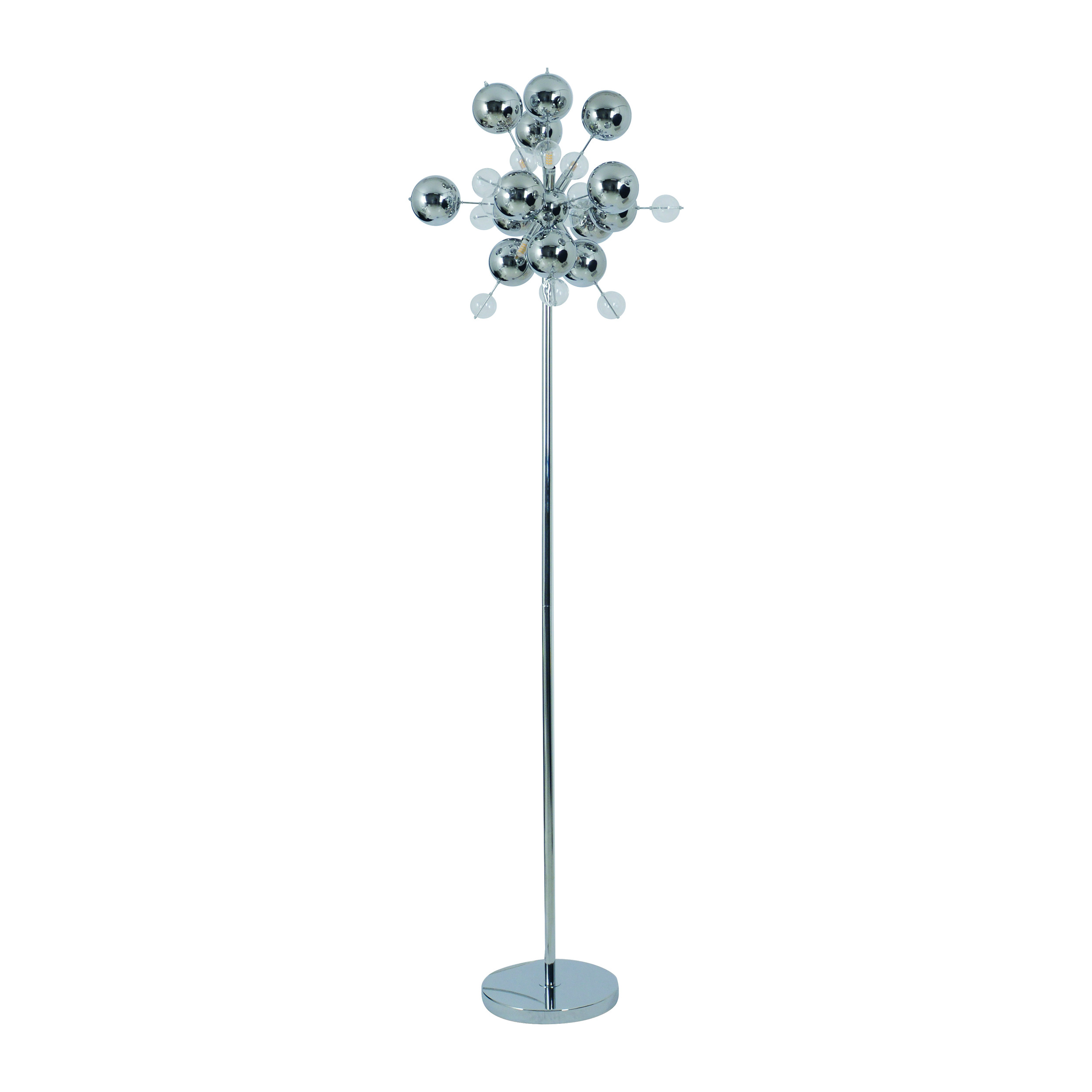 Eine verchromte Stehlampe mit mehreren Glaskugellampen.