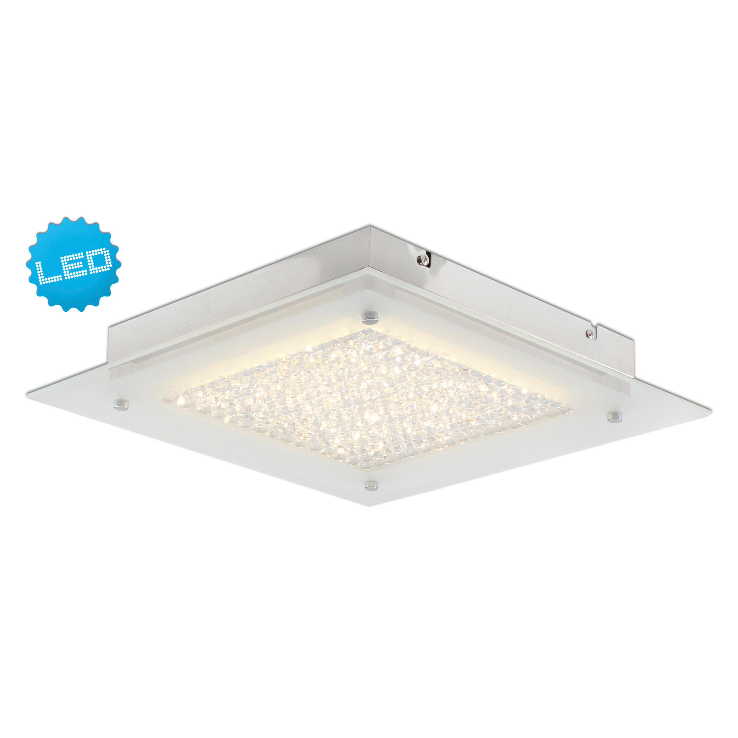 Quadratische Deckenleuchte mit Kristallen. Hat einen LED-Aufkleber links.