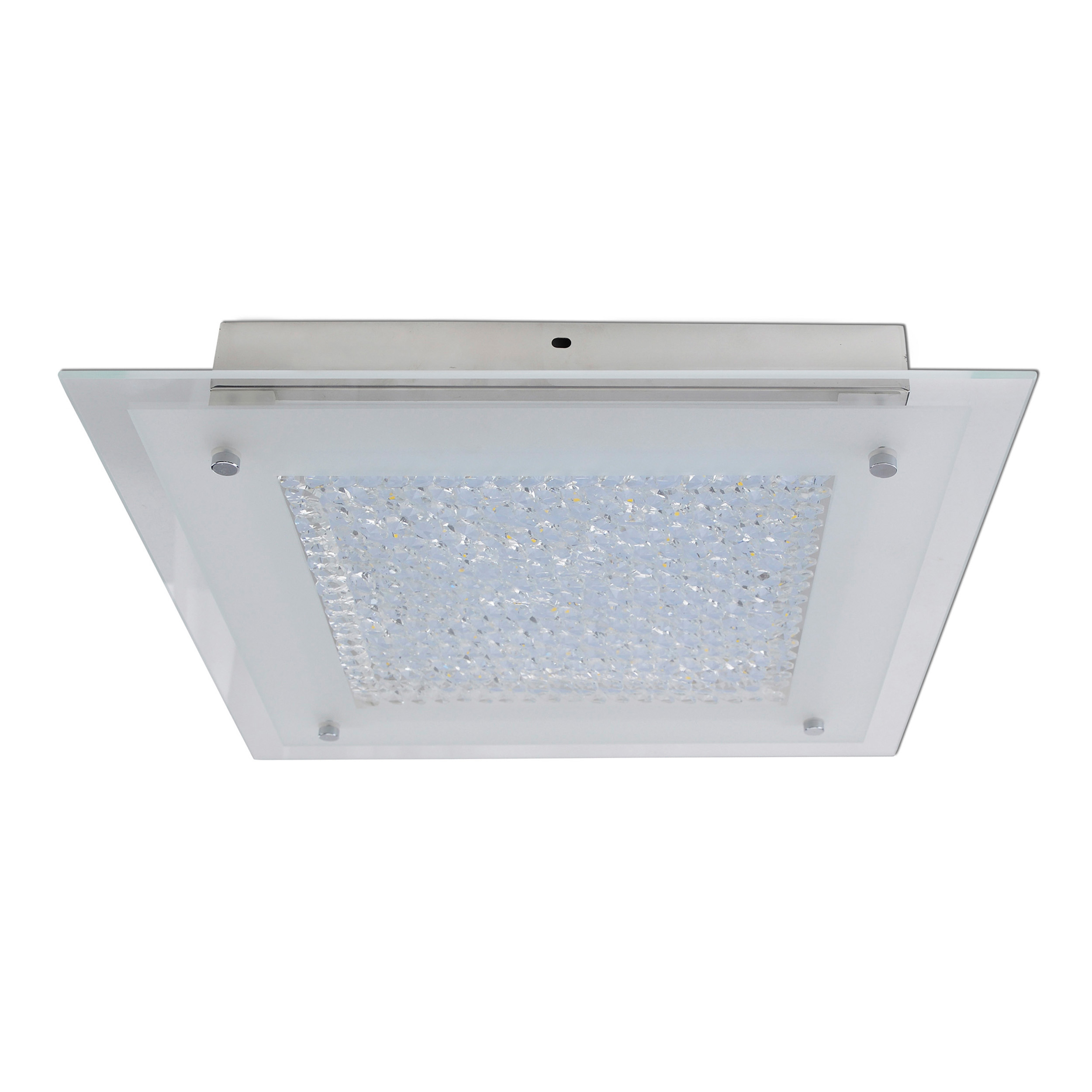 Quadratische Deckenleuchte mit quadratischer Glasabdeckung und eingebauten LED-Leuchten.