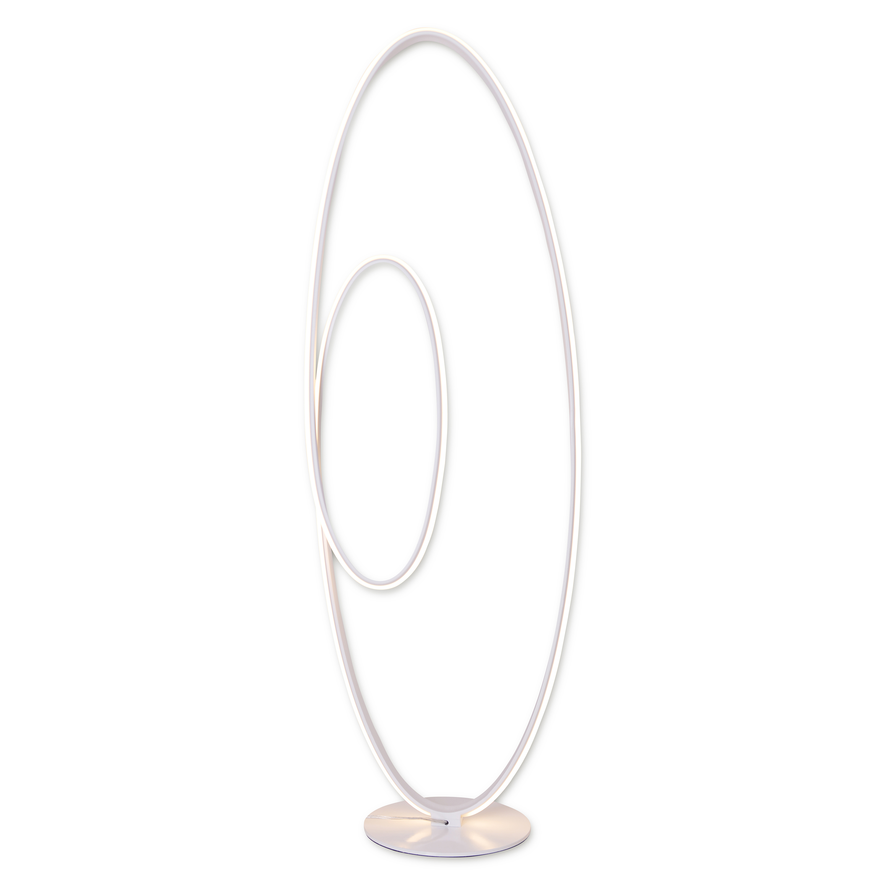 Hohe, weiße, ovale Stehlampe mit kleinerem Oval im Inneren, auf weißem Hintergrund.