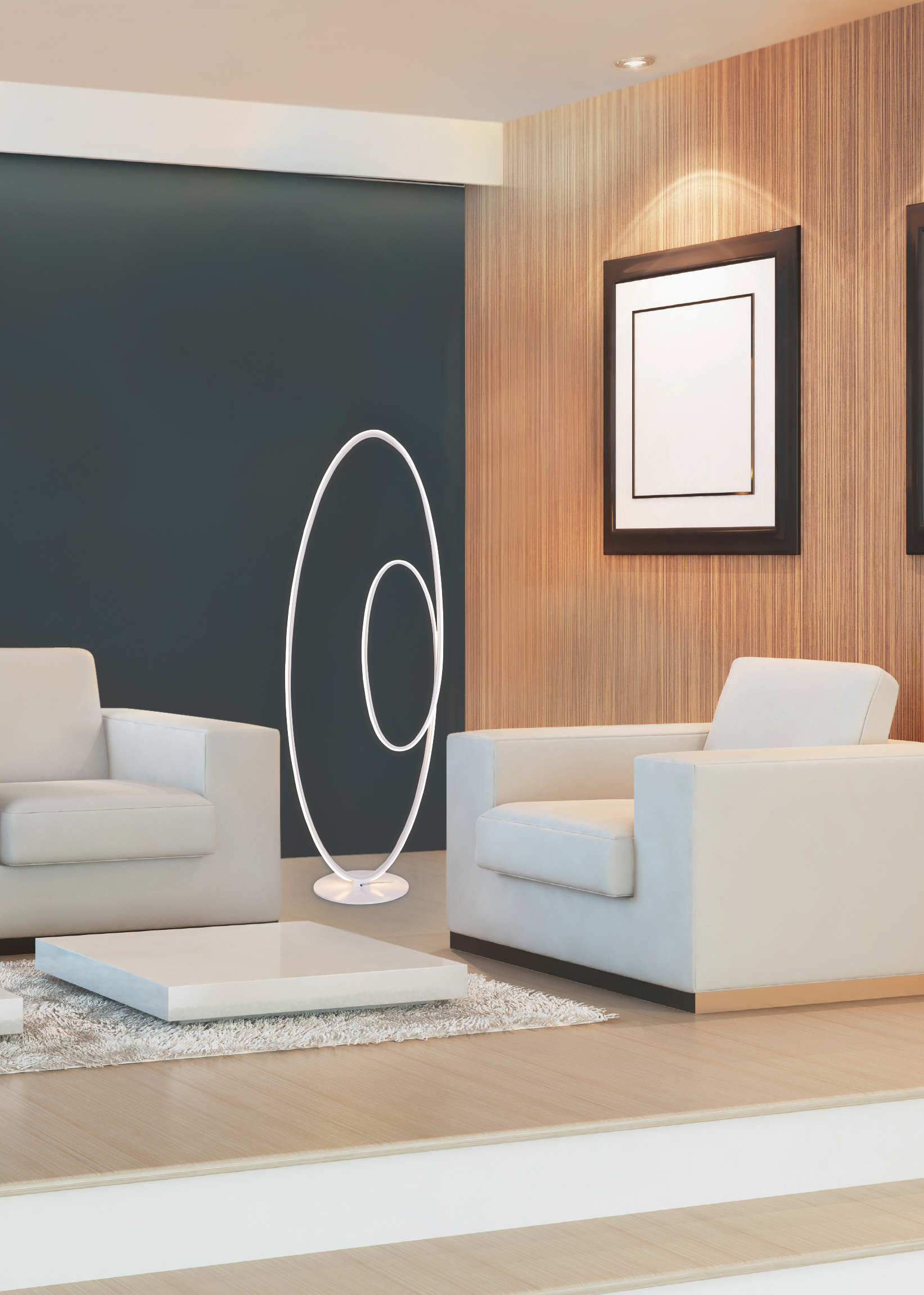 Modernes Wohnzimmer mit weißen Möbeln und einer weißen, modernen Stehlampe.