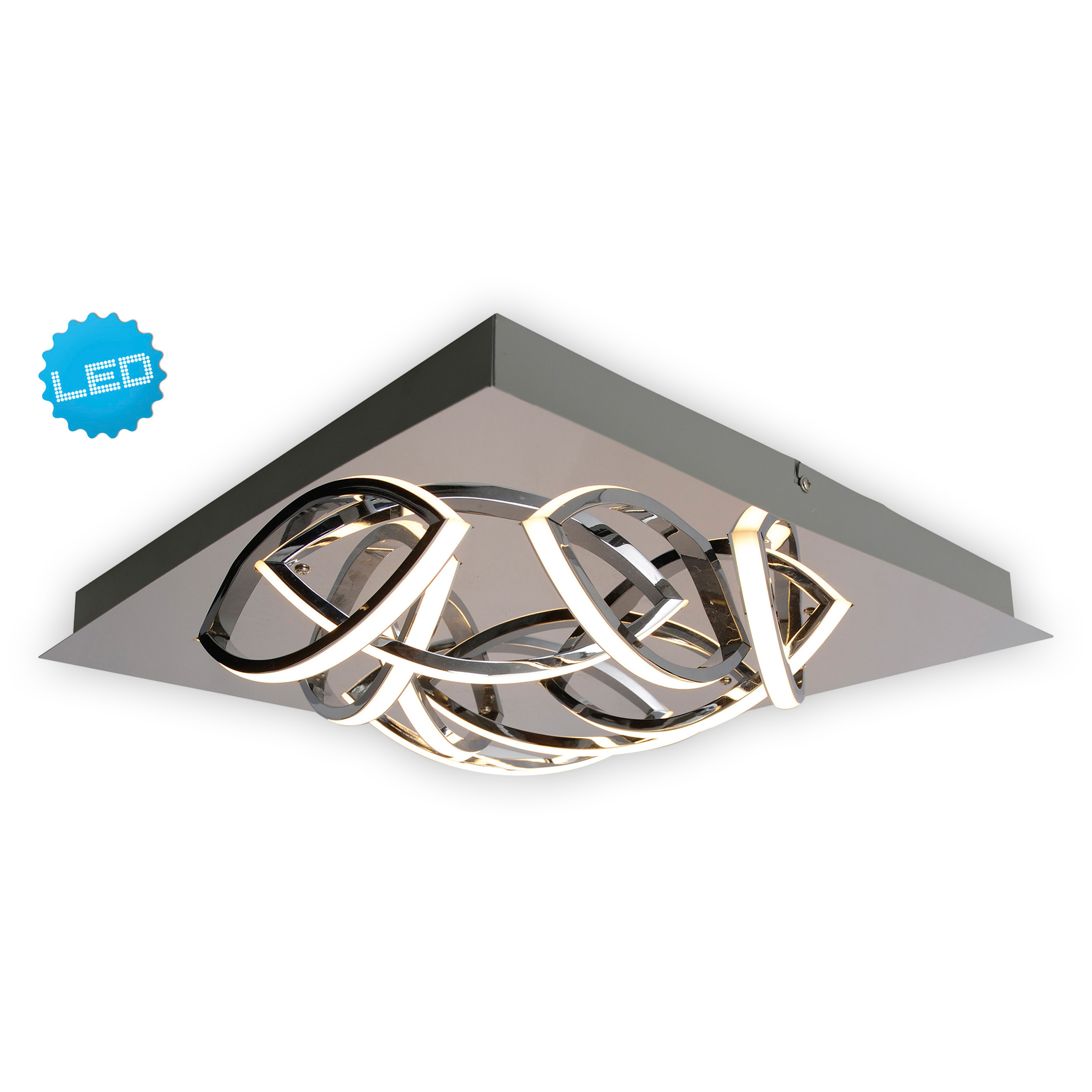 Silberne Deckenleuchte mit modernem Design. Weißer Hintergrund.