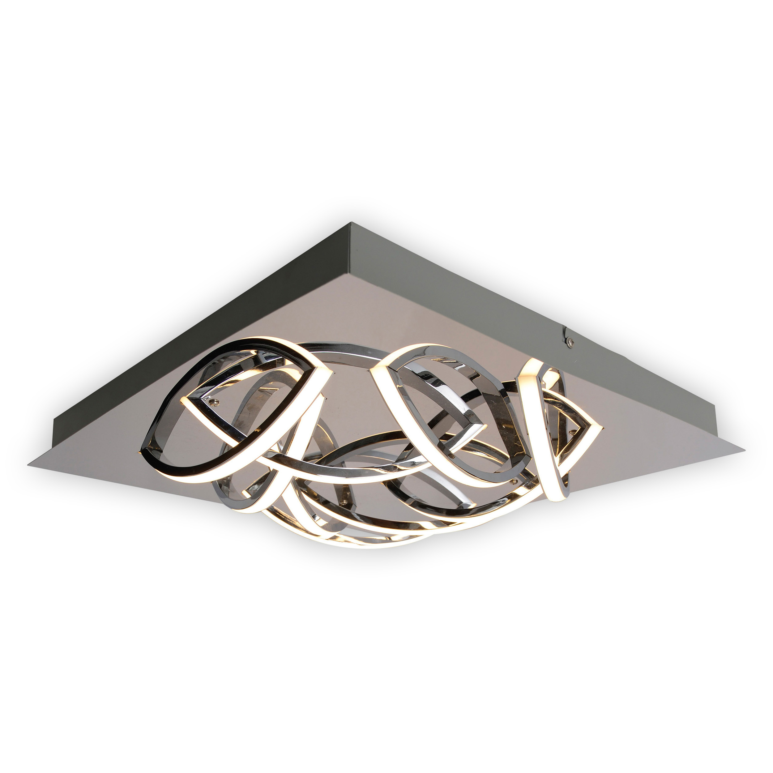 Deckenleuchte mit Chromringen und eingebetteten LEDs. Sie ist auf einer quadratischen, grauen Basis montiert.