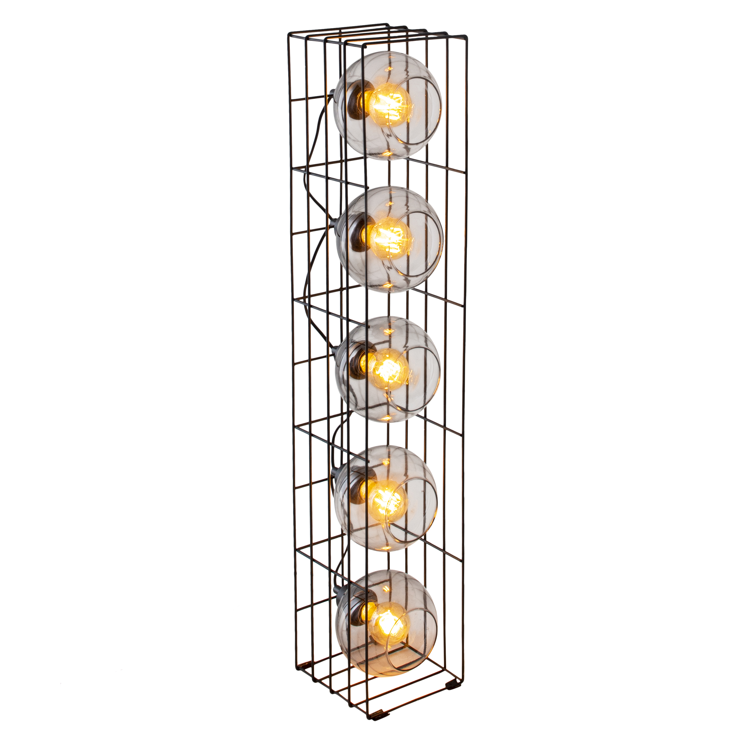 Schwarze Metallkäfiglampe mit 5 leuchtenden Glühbirnen.