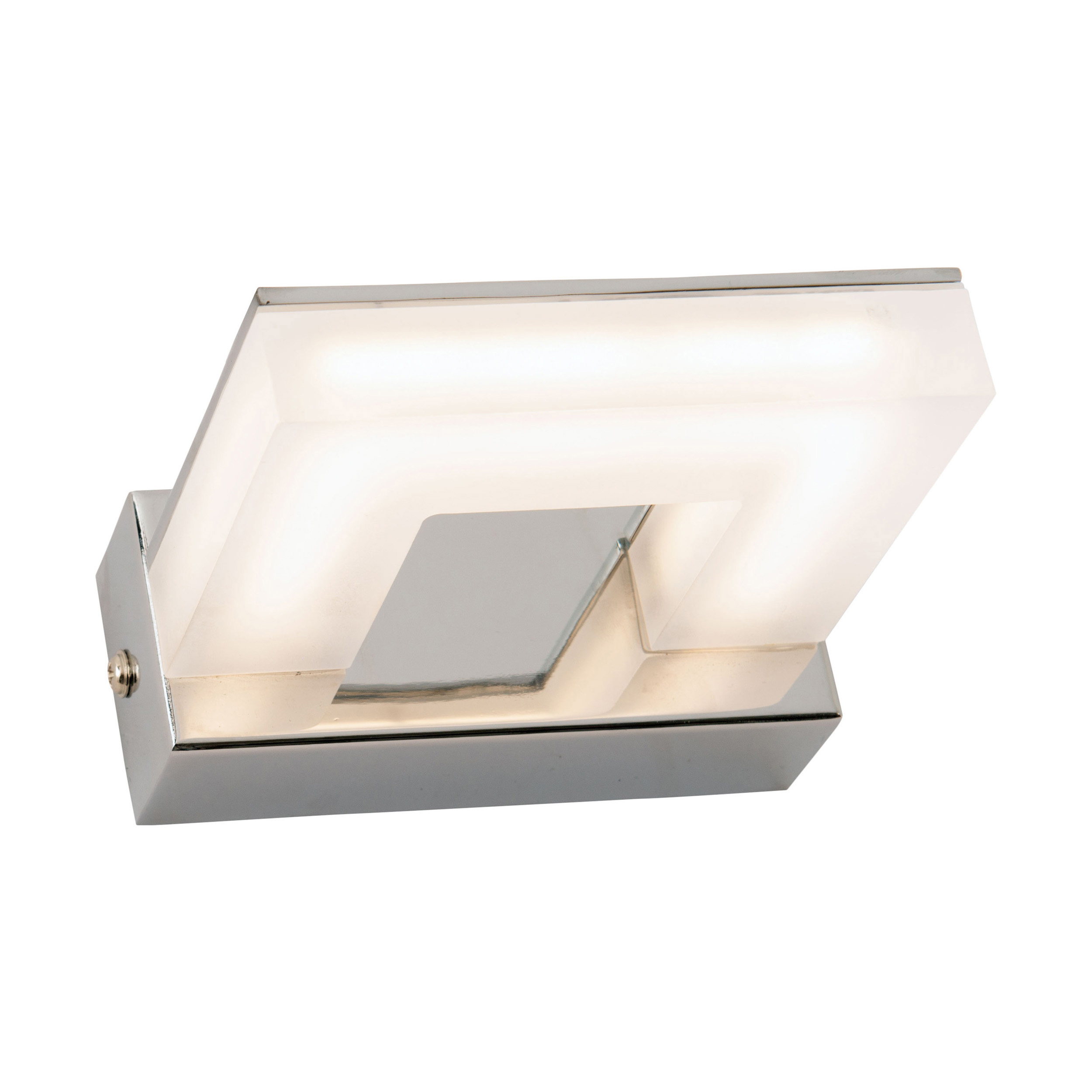 Moderne quadratische Wandleuchte mit Chrom-Finish und leuchtendem, eingelassenem Licht.