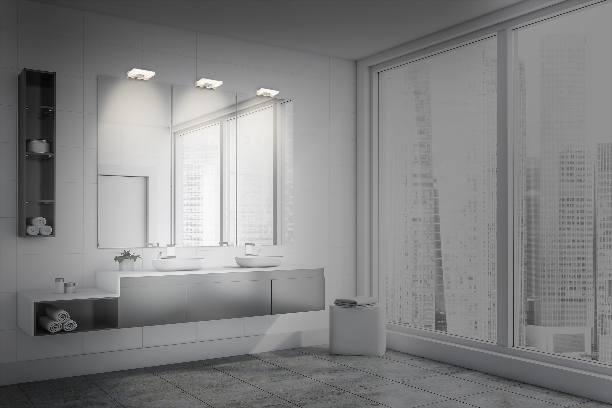Ein modernes Badezimmer mit Doppelwaschbecken, großem Spiegel und Fenster, alles in Weiß- und Grautönen.
