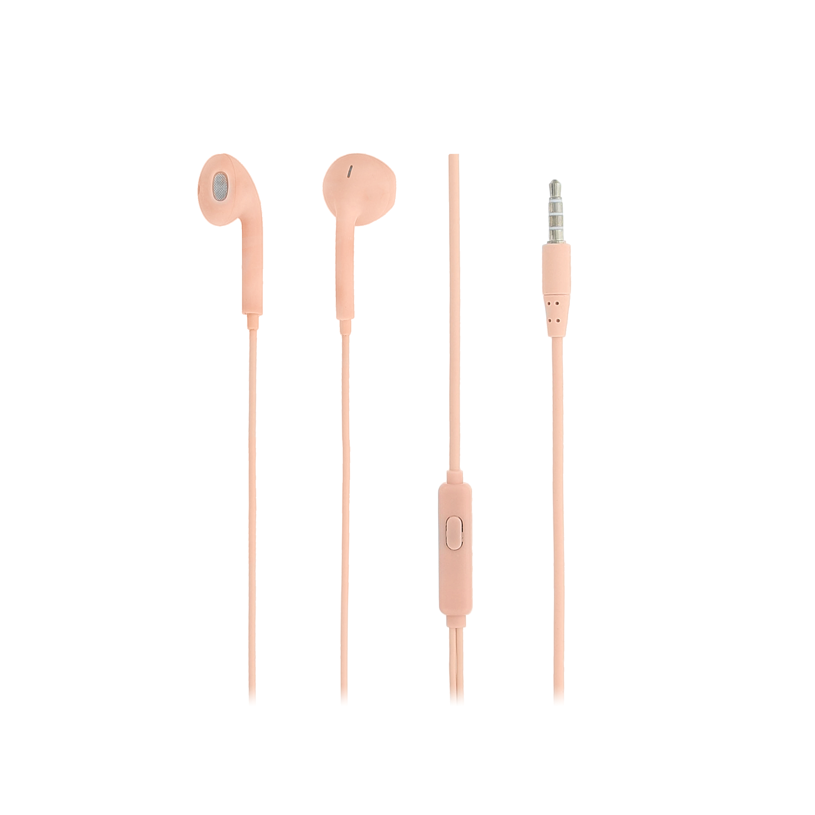 Auricolari rosa con telecomando in linea. Sfondo bianco.