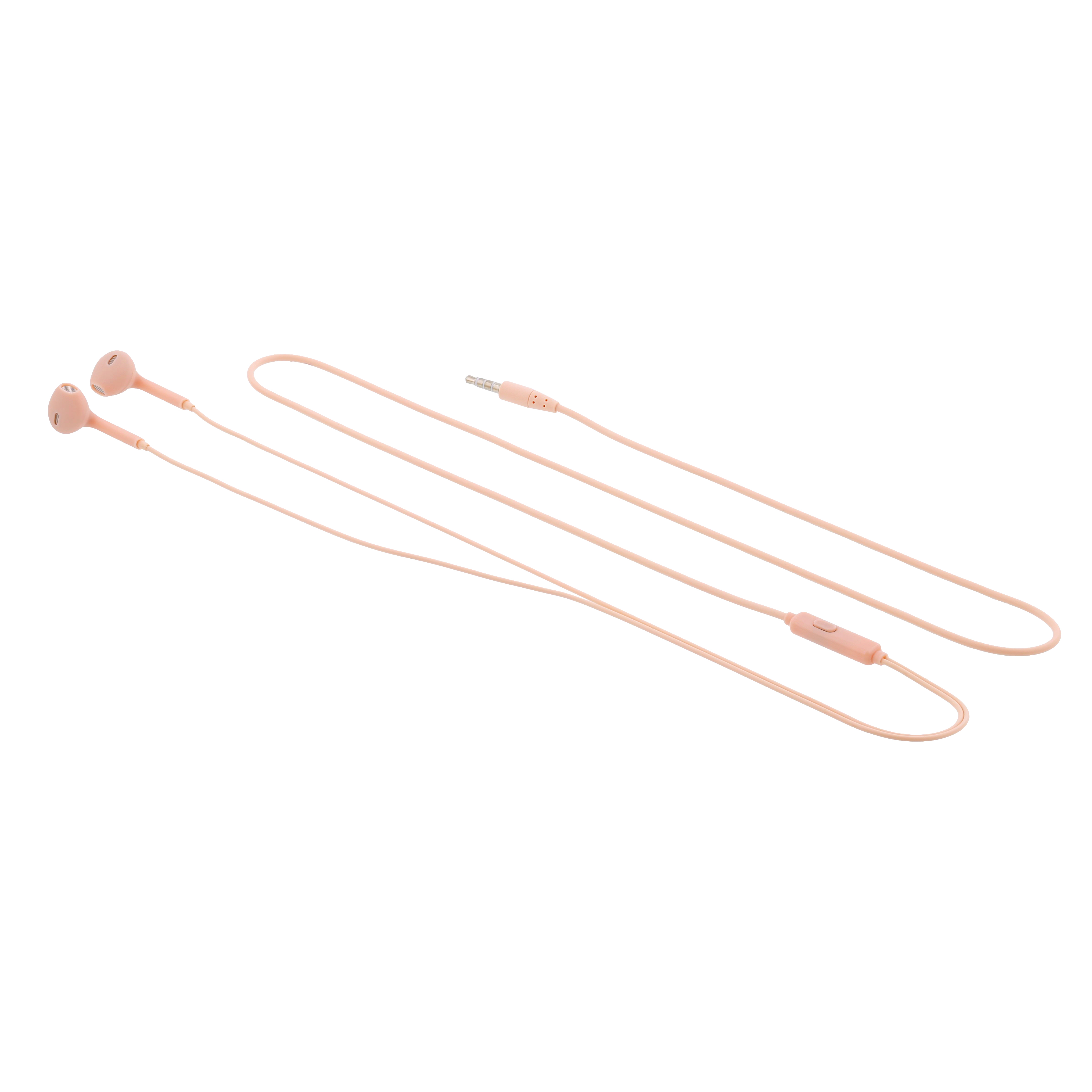 Auricolari rosa con cavo collegato e modulo di controllo. Sono su sfondo bianco.