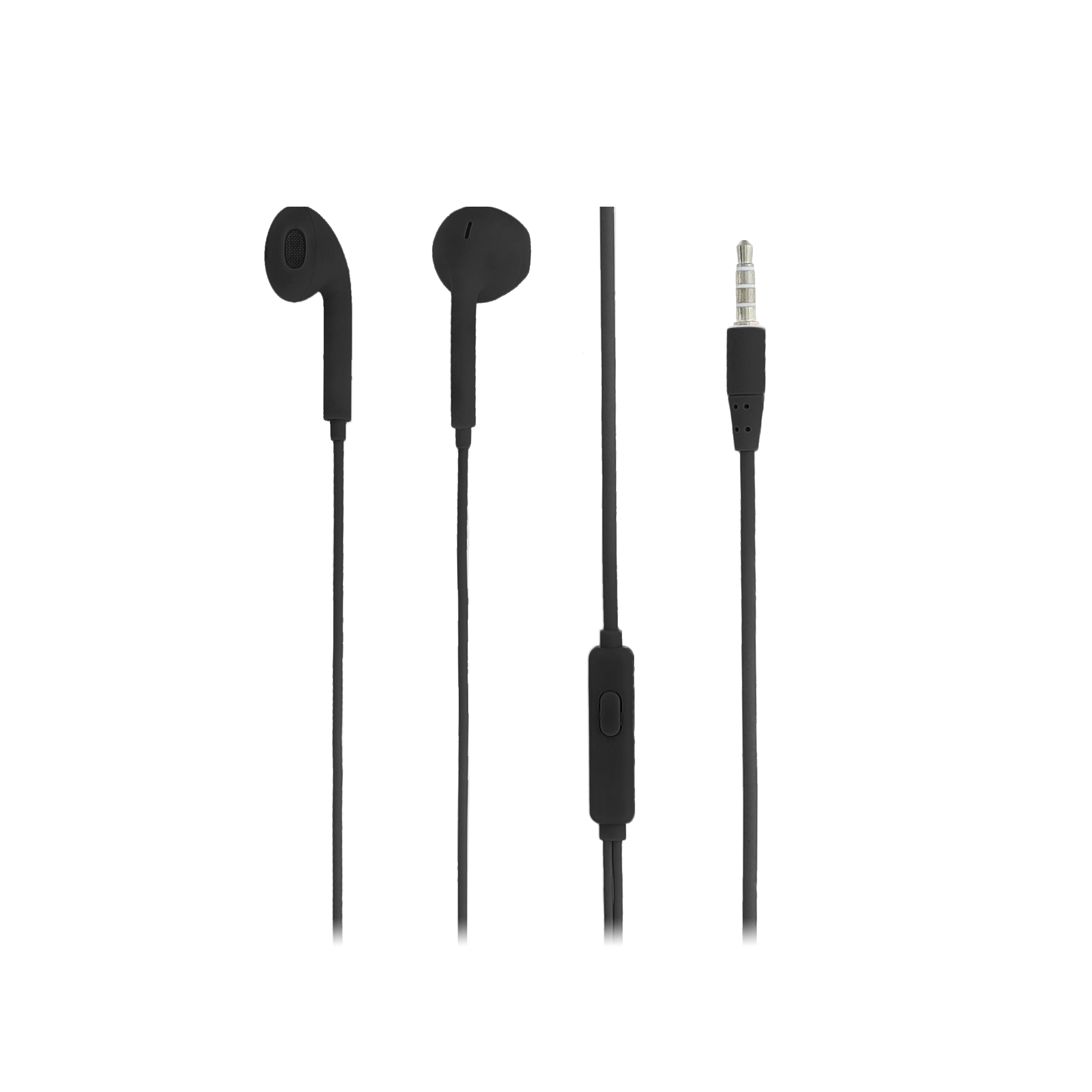 Auricolari neri con microfono e jack da 3,5 mm, su sfondo bianco.