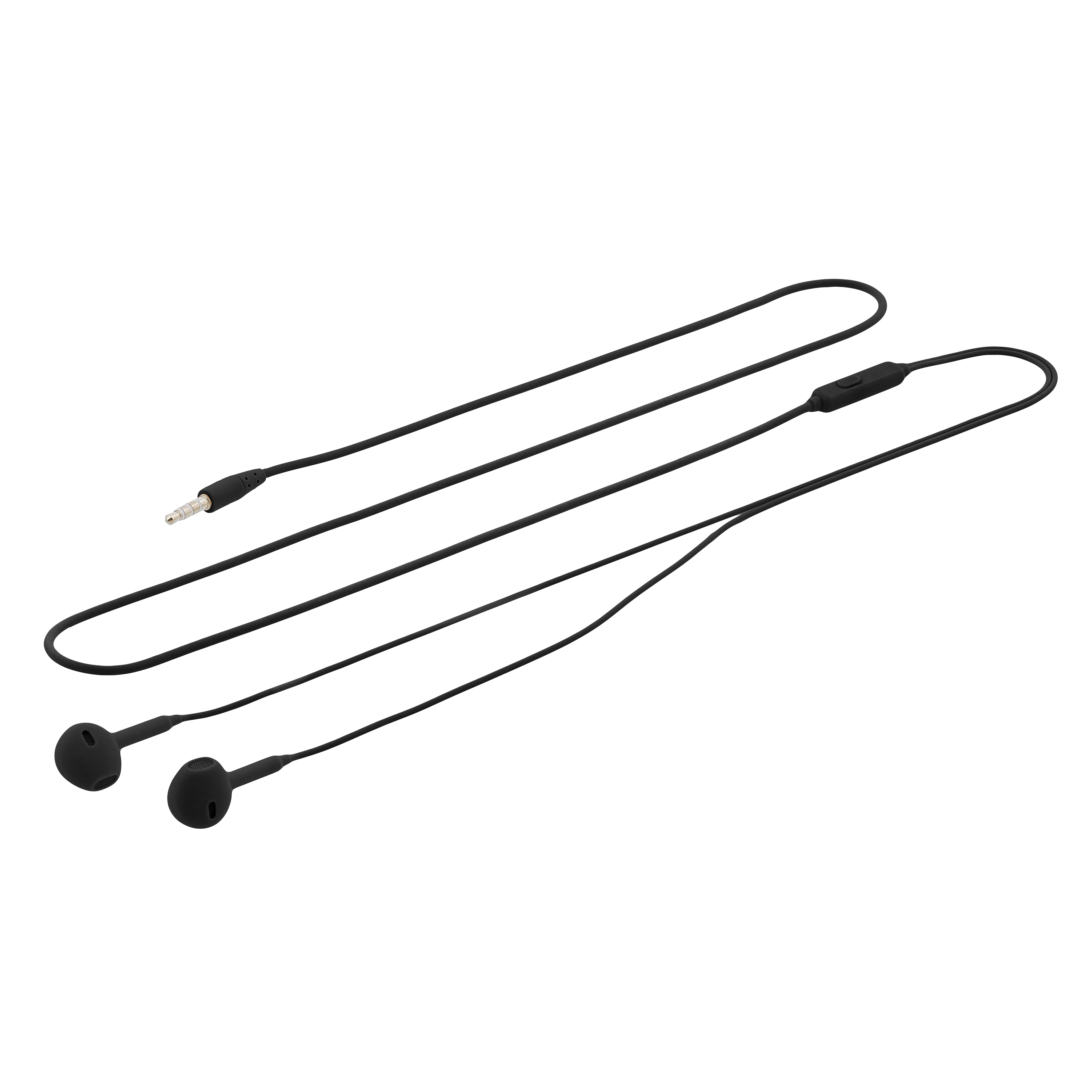 Auricolari neri con cavo, sfondo bianco.