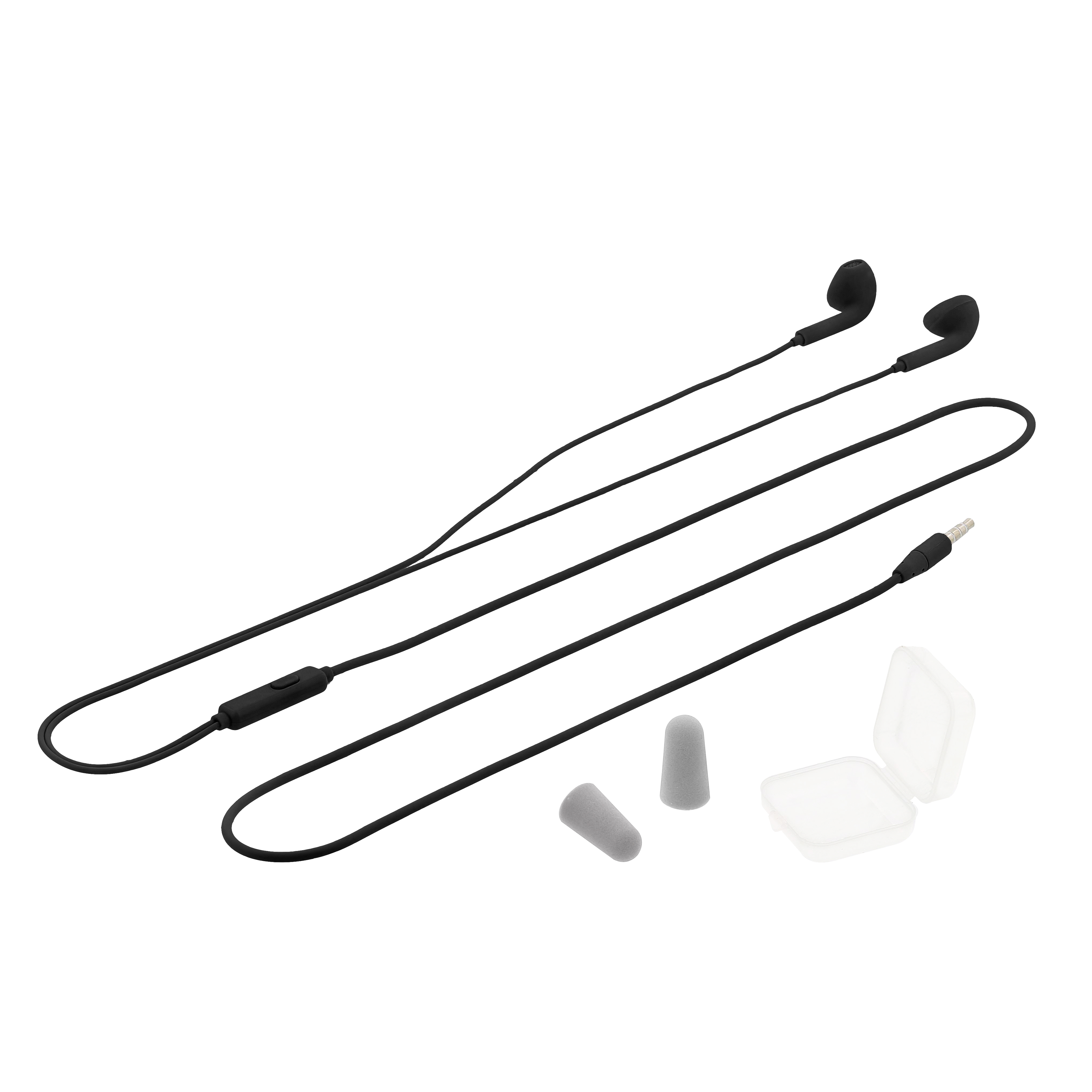 Auricolari neri in-ear con comandi in linea e gommini di ricambio. Sfondo bianco.
