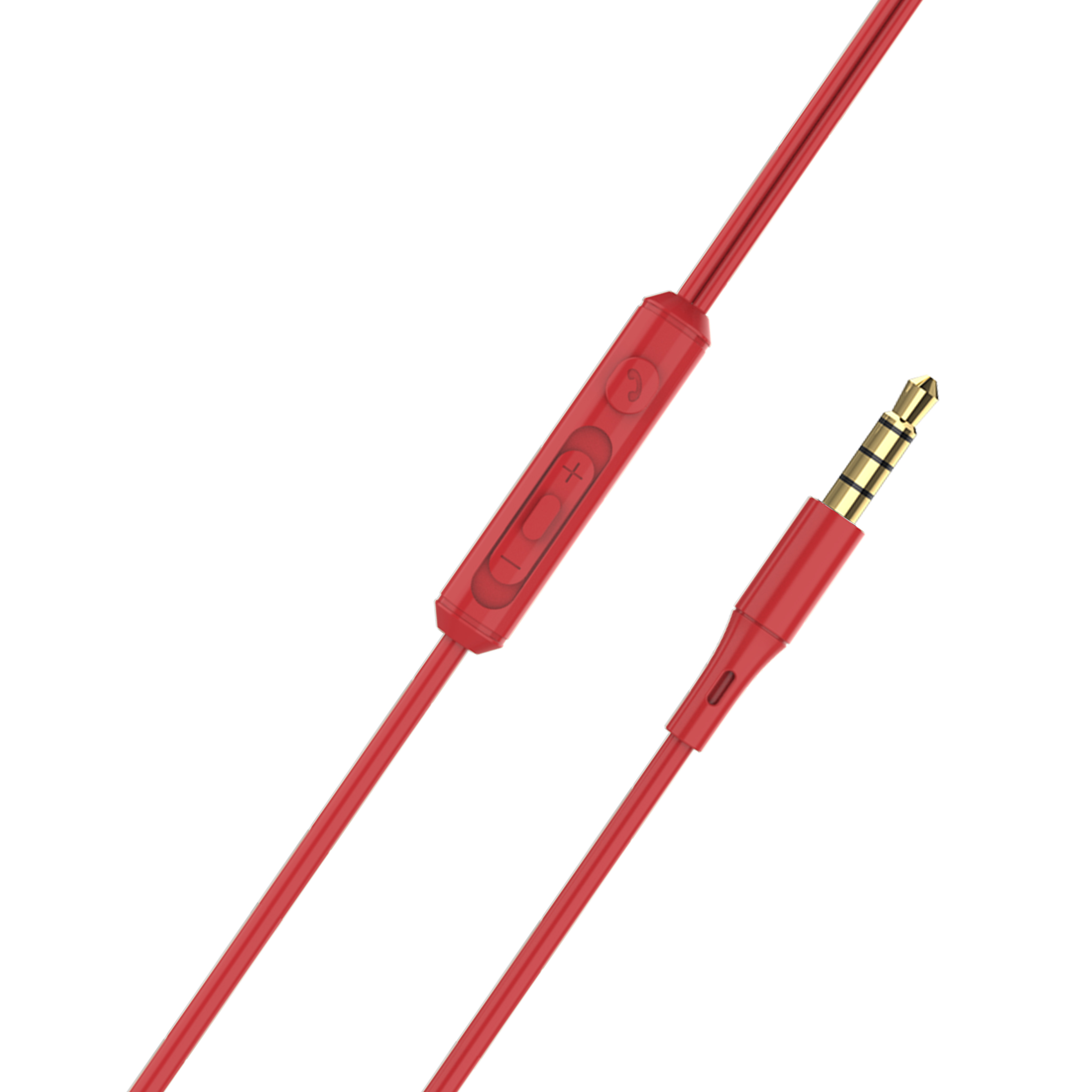 Rotes Audiokabel mit Steuertasten und Stecker.
