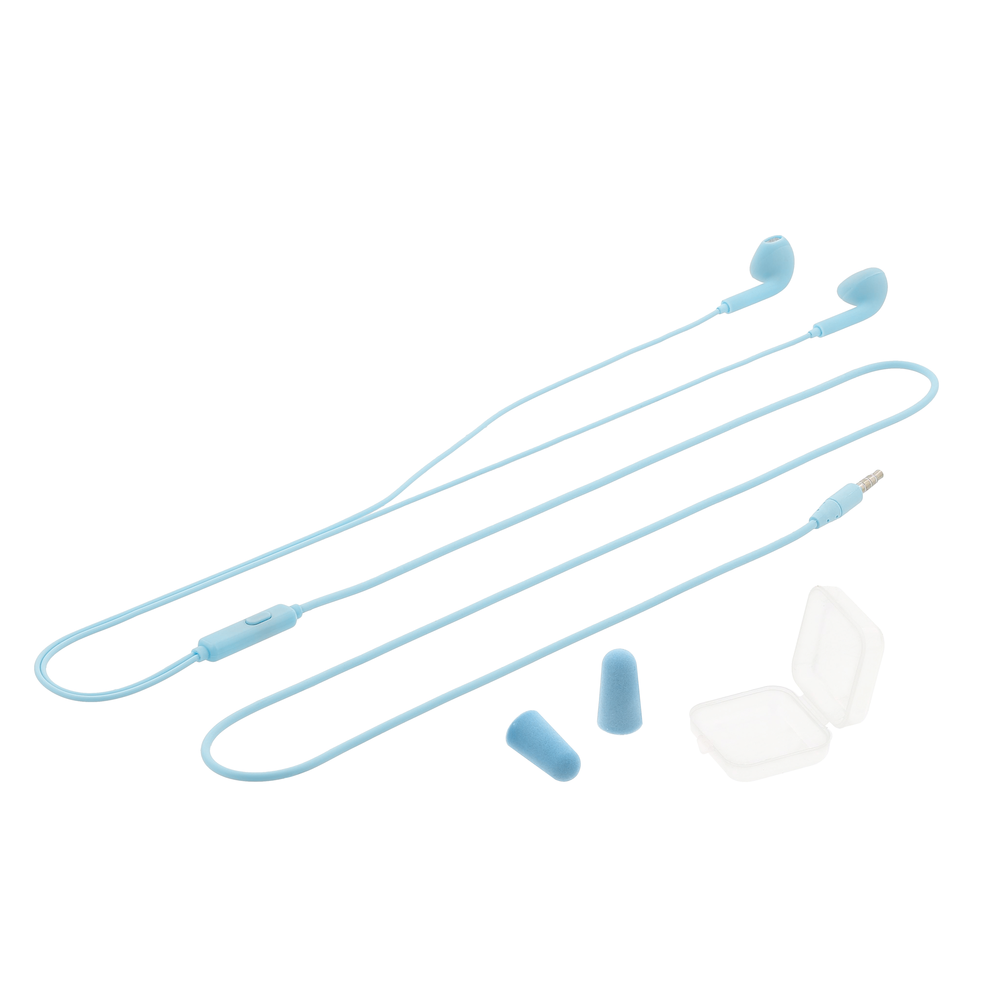 Auricolari blu, un controllo e punte di ricambio su sfondo bianco. È presente anche un astuccio bianco.