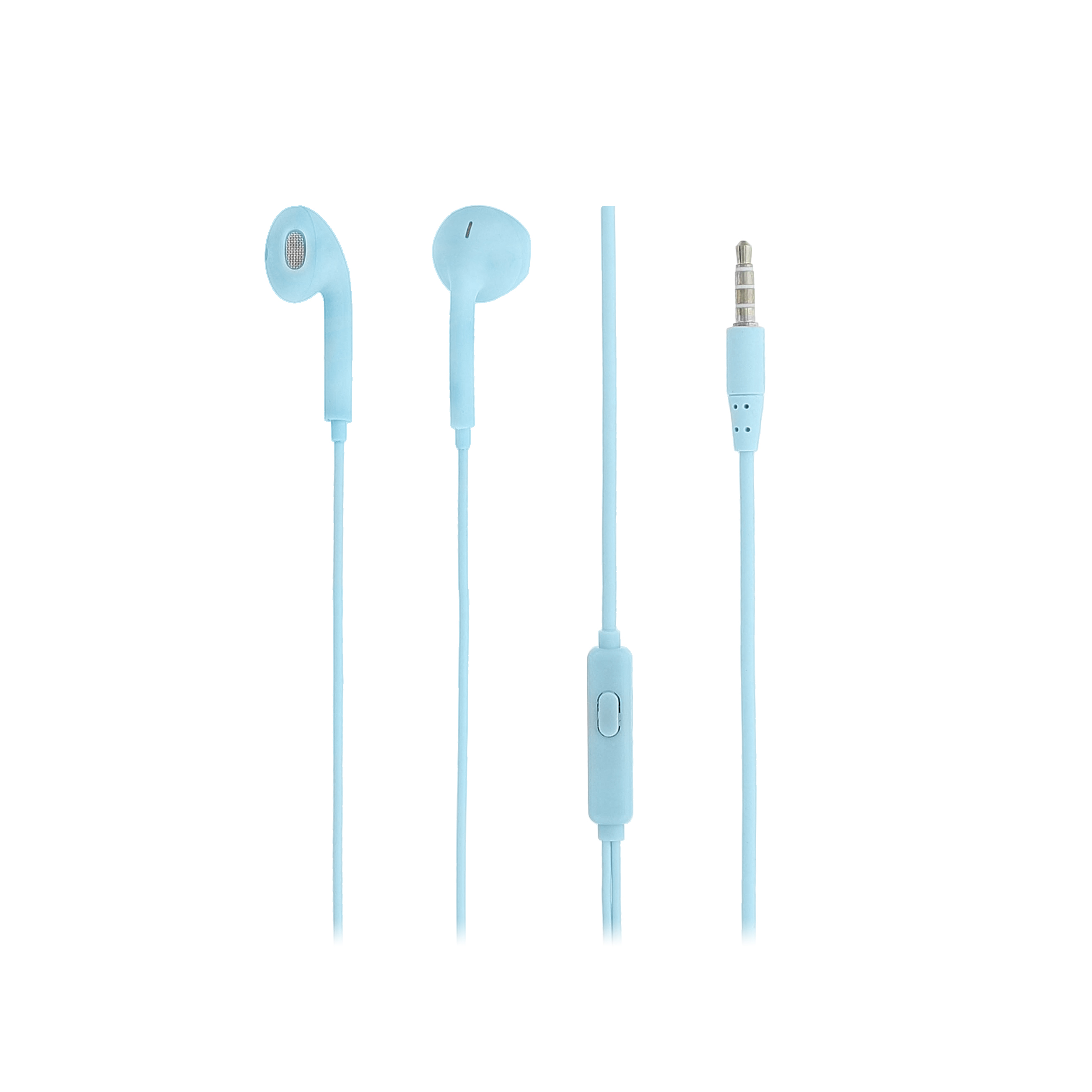 Auricolari azzurri con un pulsante di controllo e un jack. Un design semplice.
