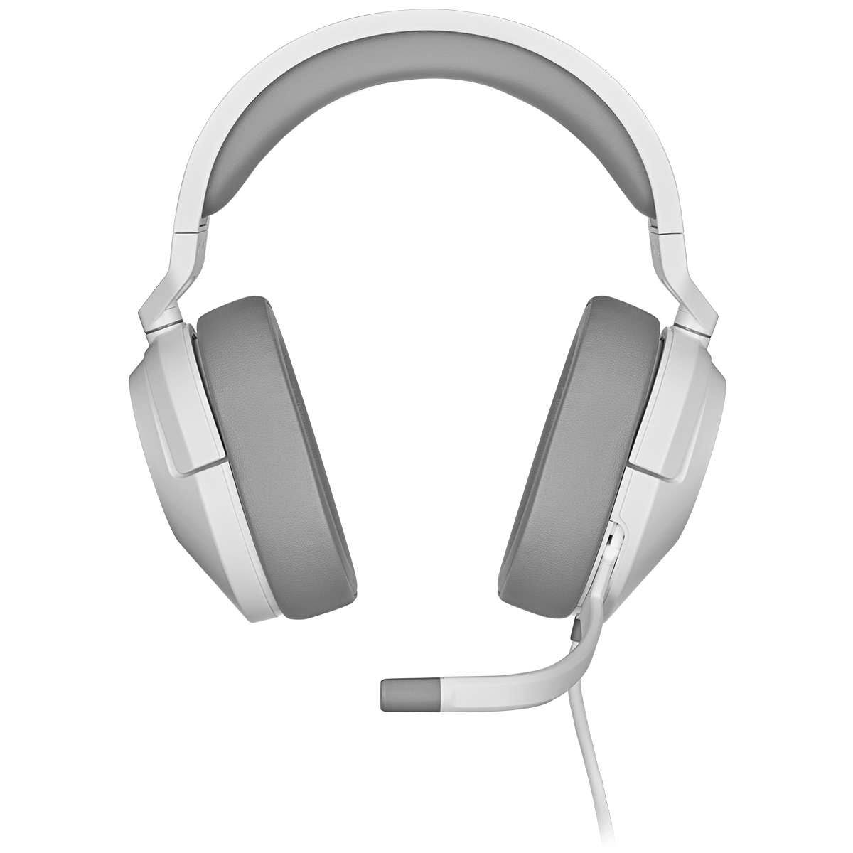White over-ear headphones with gray earcups and a built-in microphone.