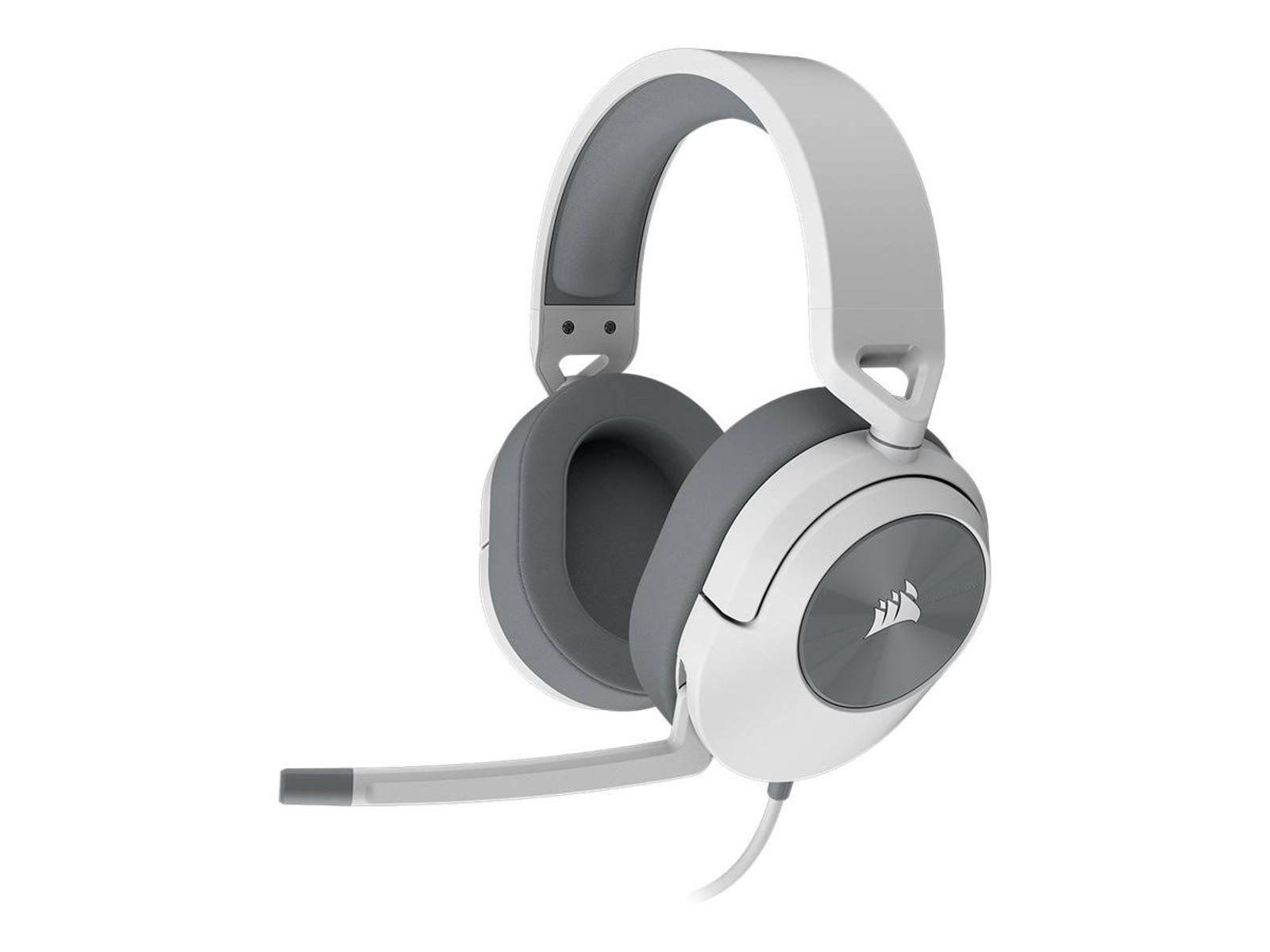 White and gray gaming headphones with a microphone.