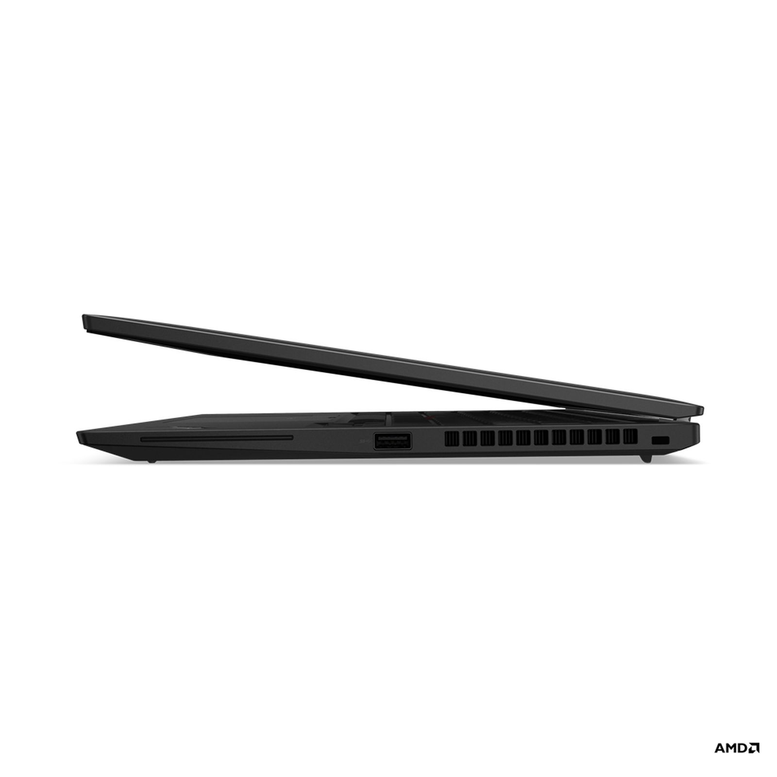 Una computadora portátil negra, cerrada, vista de lado. La pantalla está hacia arriba y el logotipo de AMD es visible.